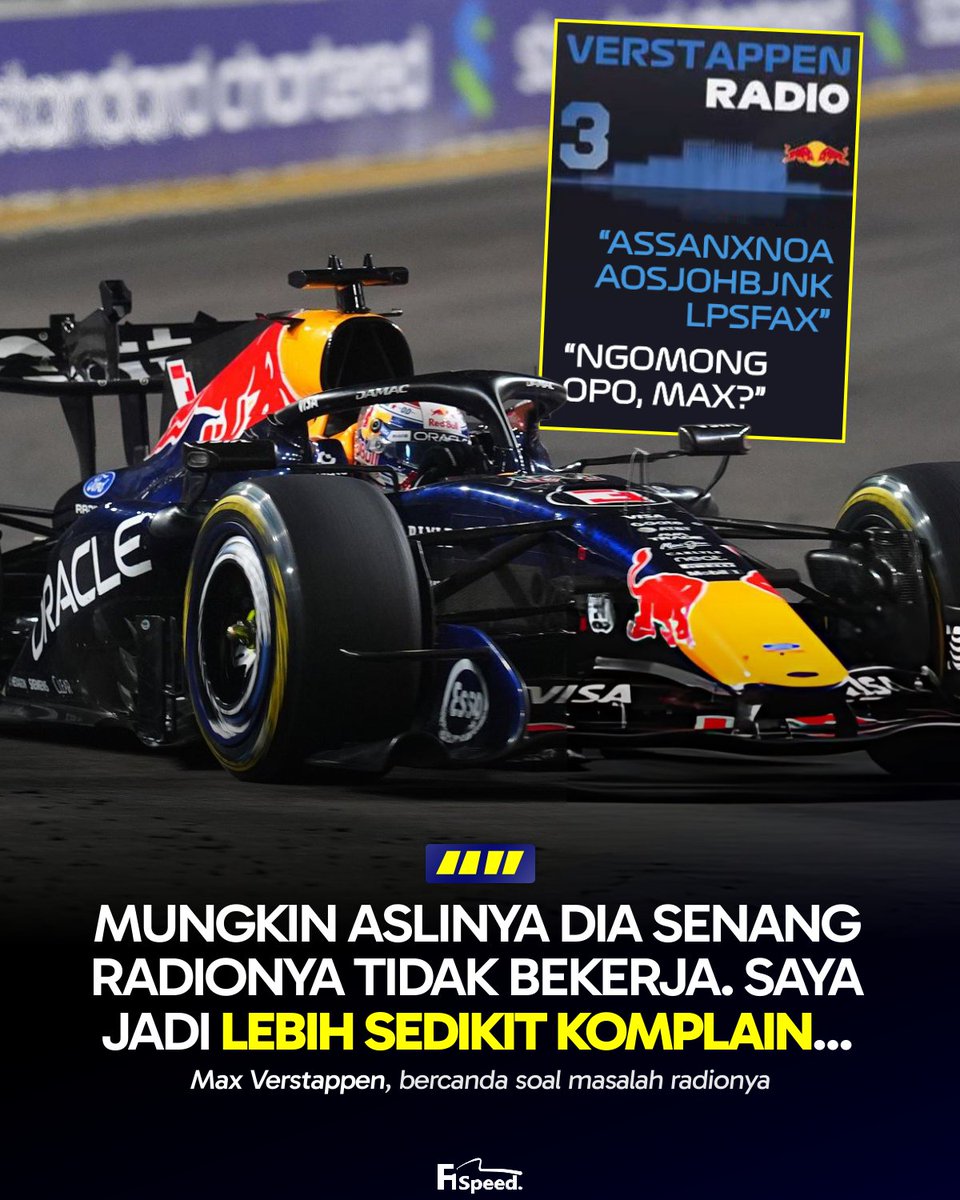 f1speed_indo's tweet photo. 🚨 Salah satu momen epic balapan kemarin adalah Max Verstappen yang alami problem radio dan Gianpiero Lambiasse sebagai race engineer lakukan improvisasi supaya komunikasinya tetap berjalan.

Tuh, radio krasak-krusuk aja komunikasi bisa tetap lancar. Gak kayak.... https://t.co/q8LSHvLigt