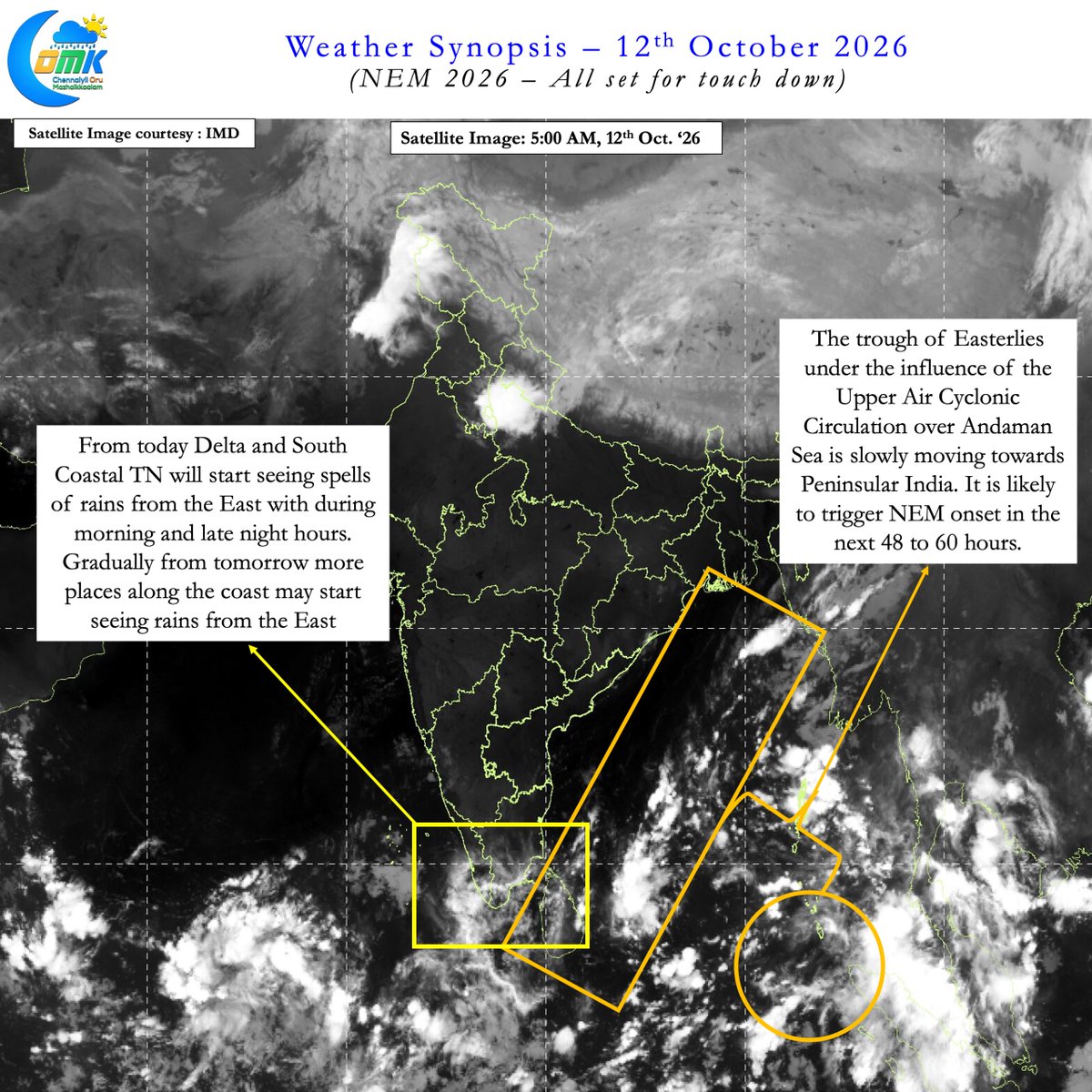ChennaiRains's tweet photo. Monsoon is a word. Northeast Monsoon is an emotion for the weather bloggers of Tamil Nadu. We are possibly 48 to 60 hours away from the onset of NEM 2026 as conditions turn conducive under the influence of the LPA that is likely to form in South Bay soon. The onset phase is likely to favour South TN and Delta but there is a potential banana skin in the form of chance of very heavy rainfall over few places in North Coastal TN / South Coastal AP due to the interaction of lower level Easterlies & Westerly trough. But second fortnight of October promises to provide above normal rains for most parts of the state. https://t.co/CgXG0gqe7R