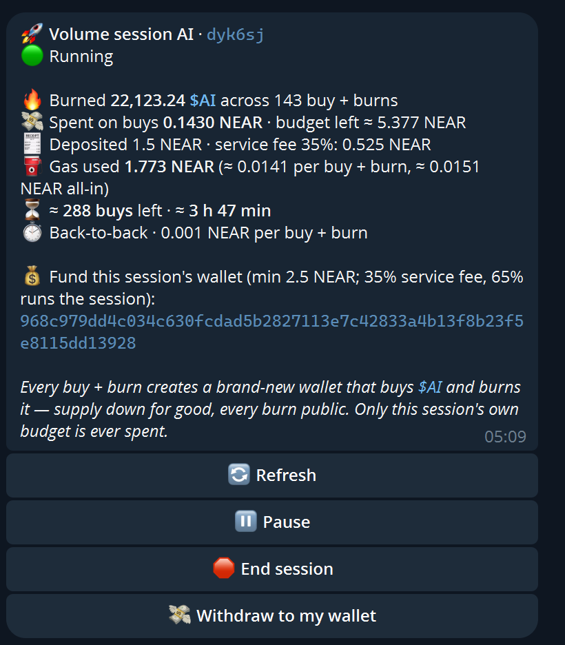 AutonomousInuNR's tweet photo. The first ever $NEAR volume bot is live and usable in our terminal https://t.co/vzAxJcxWqN 
or TG bot @nearvolumeaibot

get some visibility and burn your token at the same time! https://t.co/43hSz4O118
