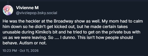 Honeystoria's tweet photo. Gonna need everyone to STOP defending that man that Brandon went off on, the other day. He has a history of bad behavior, especially with the Hazbin cast. Even tried to get on their PRIVATE bus with them. https://t.co/iQdGpEthFE