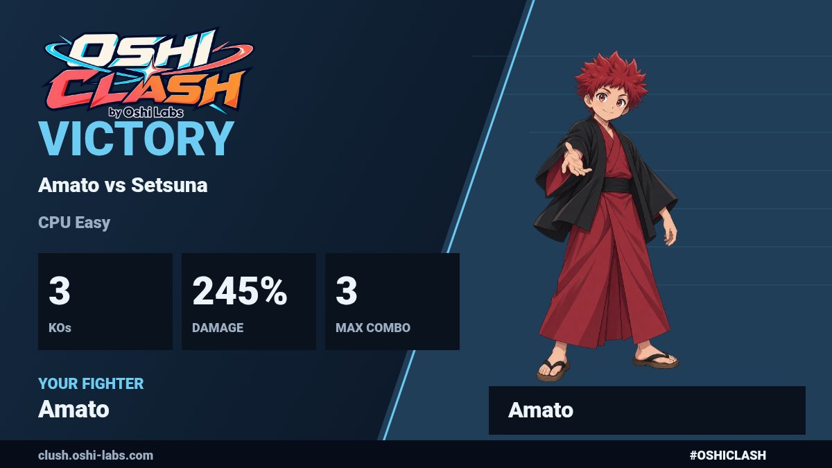 edris9999's tweet photo. OSHI CLASH｜WIN
Amato vs Setsuna · CPU Easy
3 KOs · 245% damage · Max 3 hits
#OSHICLASH
https://t.co/hzeMKv1OoX https://t.co/fcYZDsgVhi