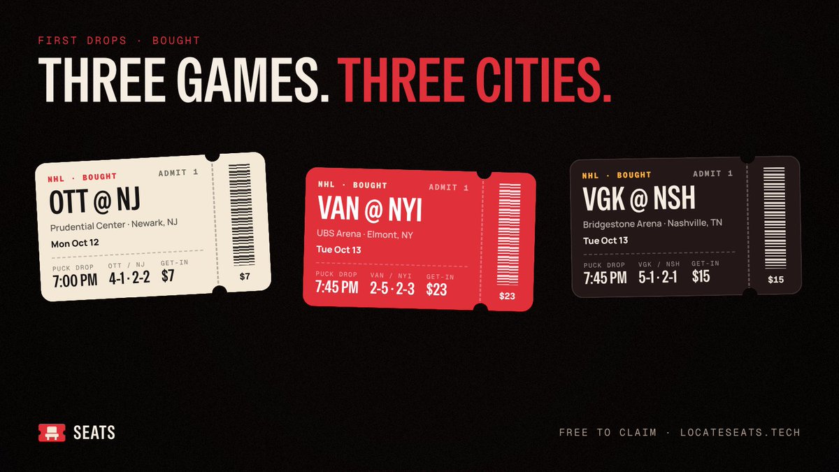 enjoyseats's tweet photo. First three drops are bought.

OTT @ NJ · Prudential Center · Mon 7:00 PM ET
VAN @ NYI · UBS Arena · Tue 7:45 PM ET
VGK @ NSH · Bridgestone Arena · Tue 7:45 PM CT
Pins open a few hours before puck drop. Be close. https://t.co/mtfmA834rV