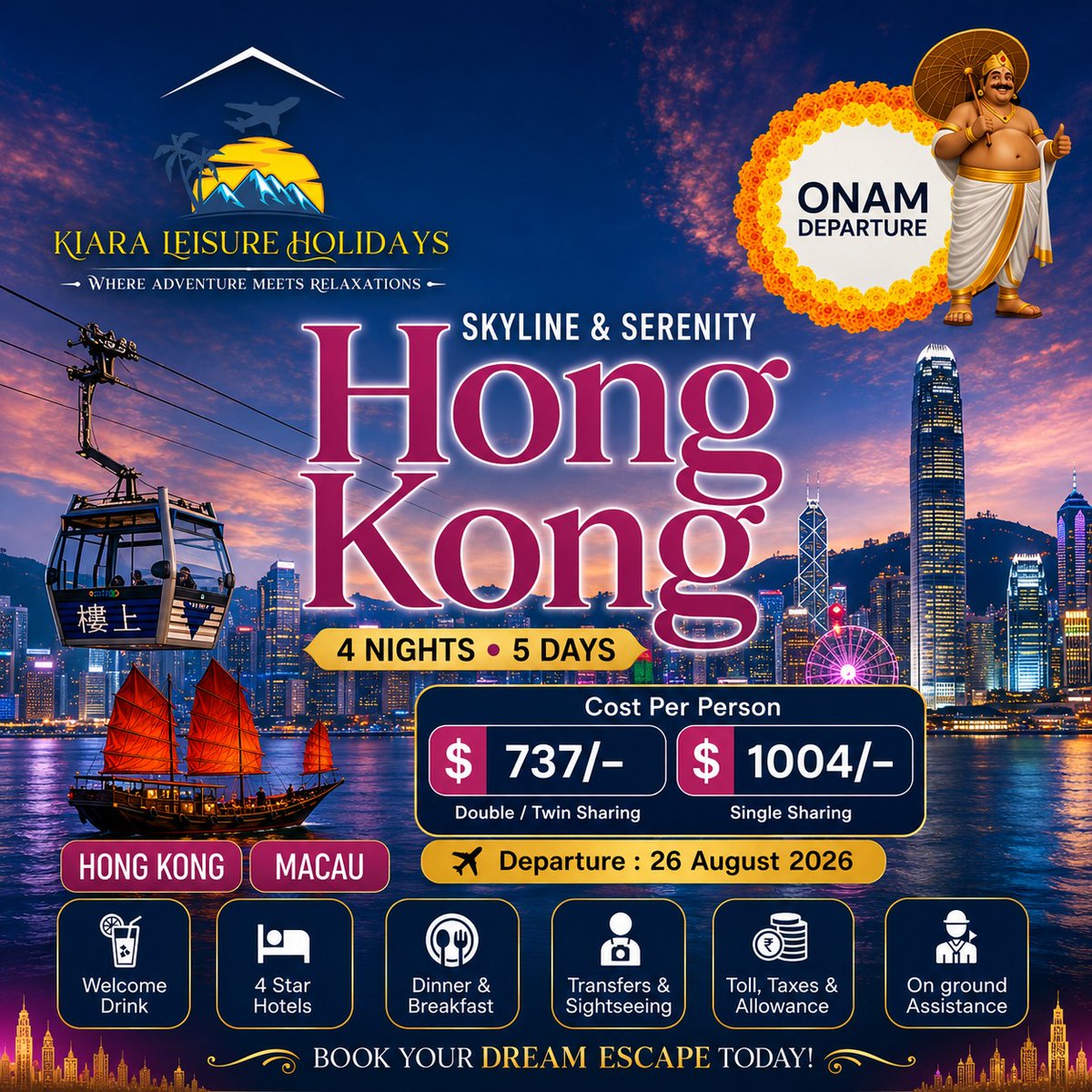 sixser_6's tweet photo. Onam Special: Hong Kong &amp; Macau Tour

26 August 2026 | 4 Nights, 5 Days

Double/Twin: $737 per person
Single: $1004 per person

Includes 4-star stay, breakfast, dinner, transfers, sightseeing, taxes and on-ground assistance. Limited seats https://t.co/LZ56Qavmdx