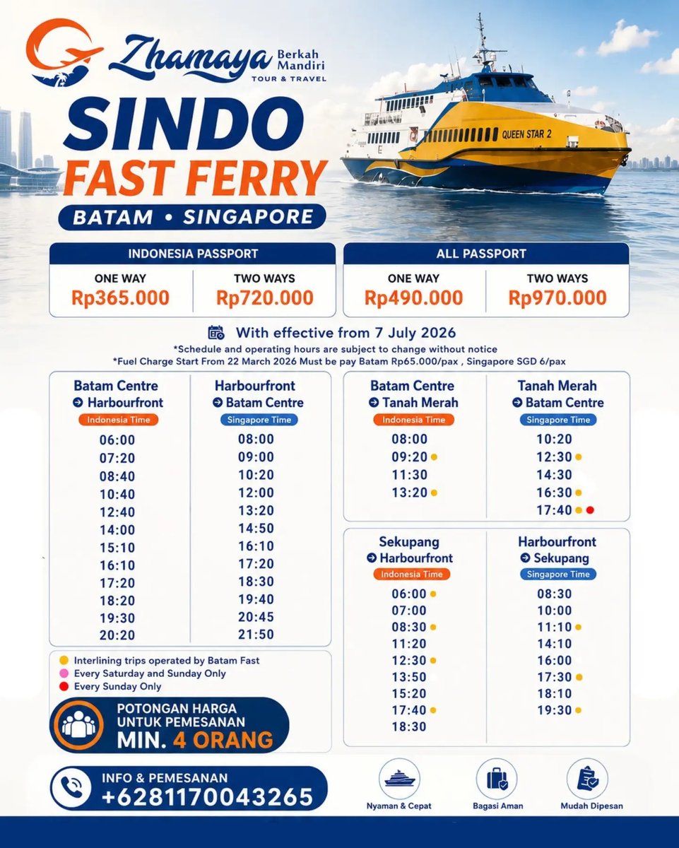 Halann3323's tweet photo. Mau ke Singapore dari Batam? Naik SINDO Fast Ferry! Nikmati perjalanan cepat dan nyaman dari Batam Centre &amp; Sekupang ke HarbourFront &amp; Tanah Merah. Tersedia tiket sekali jalan dan pulang-pergi, plus diskon untuk minimal 4 orang. https://t.co/PcQbBAhuWK