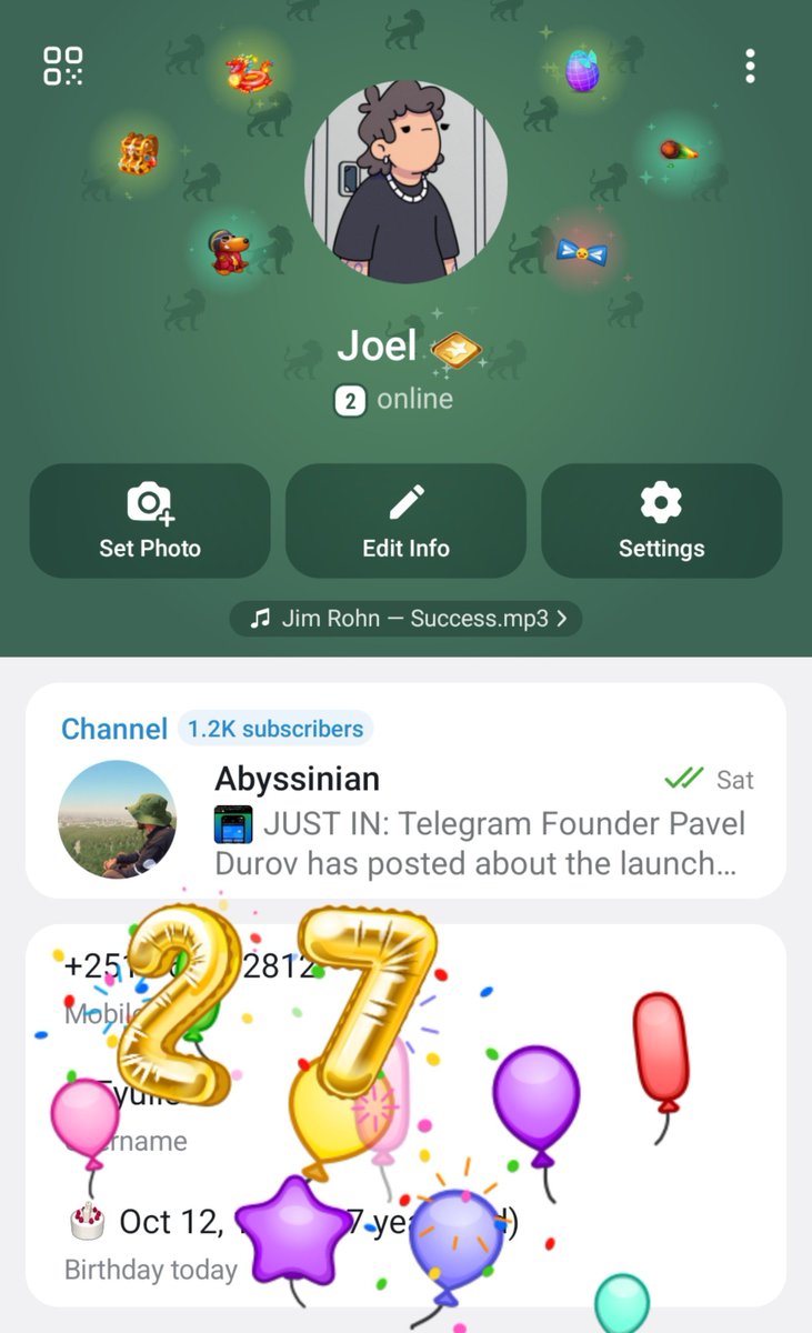 Eyuel88's tweet photo. Telegram &amp; x gave me balloons 🎈🎊

happy birthday to me 🥳 https://t.co/6sJagx7BCh