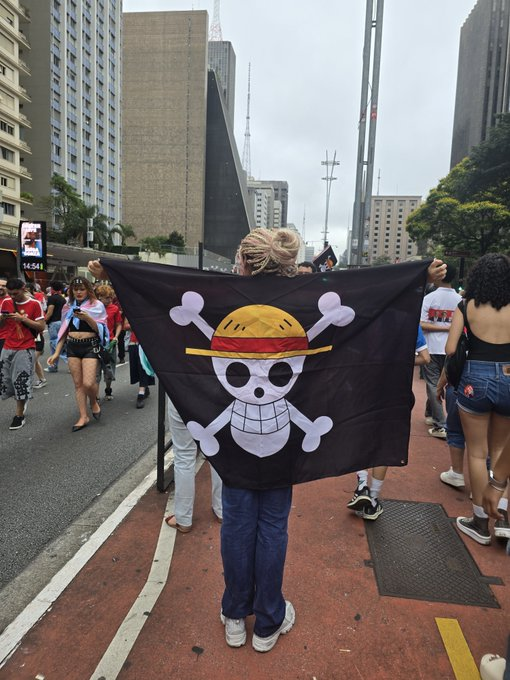 piratesoulx's tweet photo. These days, whenever you see a protest somewhere in the world, there's a good chance you'll spot a Straw Hat flag waving in the crowd.

Man, as a One Piece fan, seeing something I love mean so much to people in real life genuinely makes me happy. https://t.co/2tqXN1bf2x