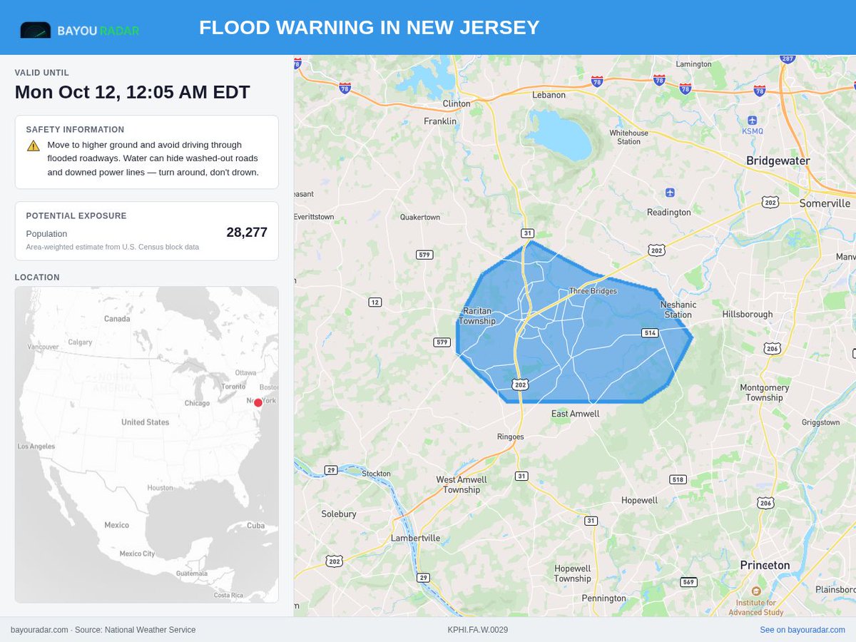 BayouRadar's tweet photo. Flood Warning

Flood Warning issued October 11 at 11:55PM EDT until October 12 at 12:00AM EDT by NWS Mount Holly NJ

Areas: Hunterdon, NJ, Somerset, NJ
Expires: 2026-10-12T00:05:00-04:00

Source: National Weather Service
https://t.co/oiHXLGU1fT https://t.co/lY4EKdvj1a