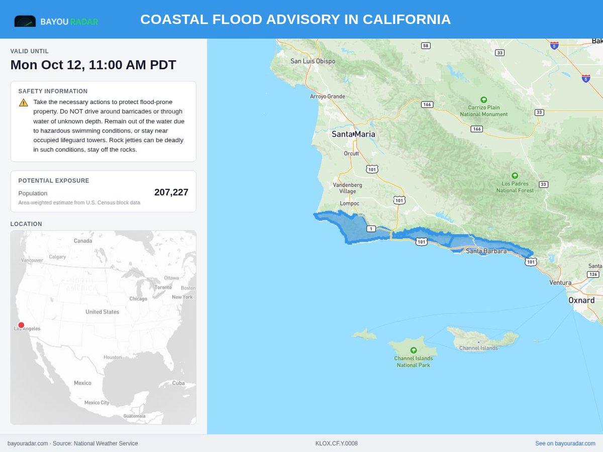 BayouRadar's tweet photo. Coastal Flood Advisory

Coastal Flood Advisory issued October 11 at 9:02PM PDT until October 12 at 10:00PM PDT by NWS Los Angeles/Oxnard CA

Areas: Santa Barbara County Southwestern Coast, Santa Barbara County Southeastern Coast
Expires: 2...
https://t.co/oiHXLGU1fT https://t.co/tyNrysBtGX
