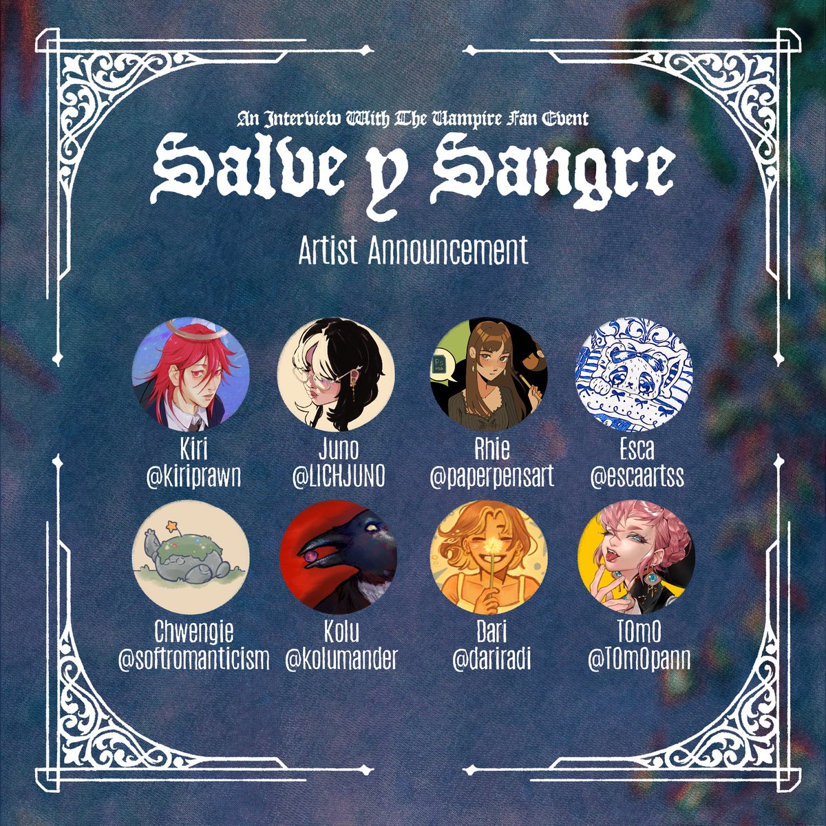 IWTV_Manila's tweet photo. The coven continues to grow 🧛‍♀️

Introducing the artists for the Salve y Sangre: An Interview With The Vampire Manila Fan Event! 

❤️‍🔥 Information on merch inclusions and price, pre-registration, and mail order coming soon! Follow our page for more updates! #IWTV https://t.co/ZHBPQApMxg
