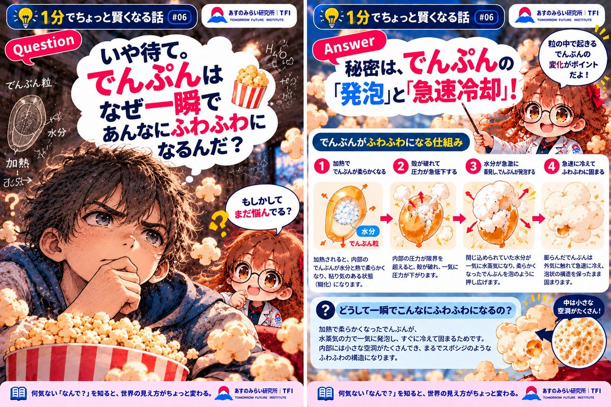 TFI_japan's tweet photo. 🍿 1分でちょっと賢くなる話 #06

ポップコーンの謎、まさかの続編！

前回、トウモロコシが弾ける理由を解明したASUNO。
しかし、まだ納得していなかった……。
「いや待て。でんぷんは、なぜ一瞬であんなにふわふわになるんだ？」

答えは↓↓↓

#雑学 https://t.co/UYmpwABkjd