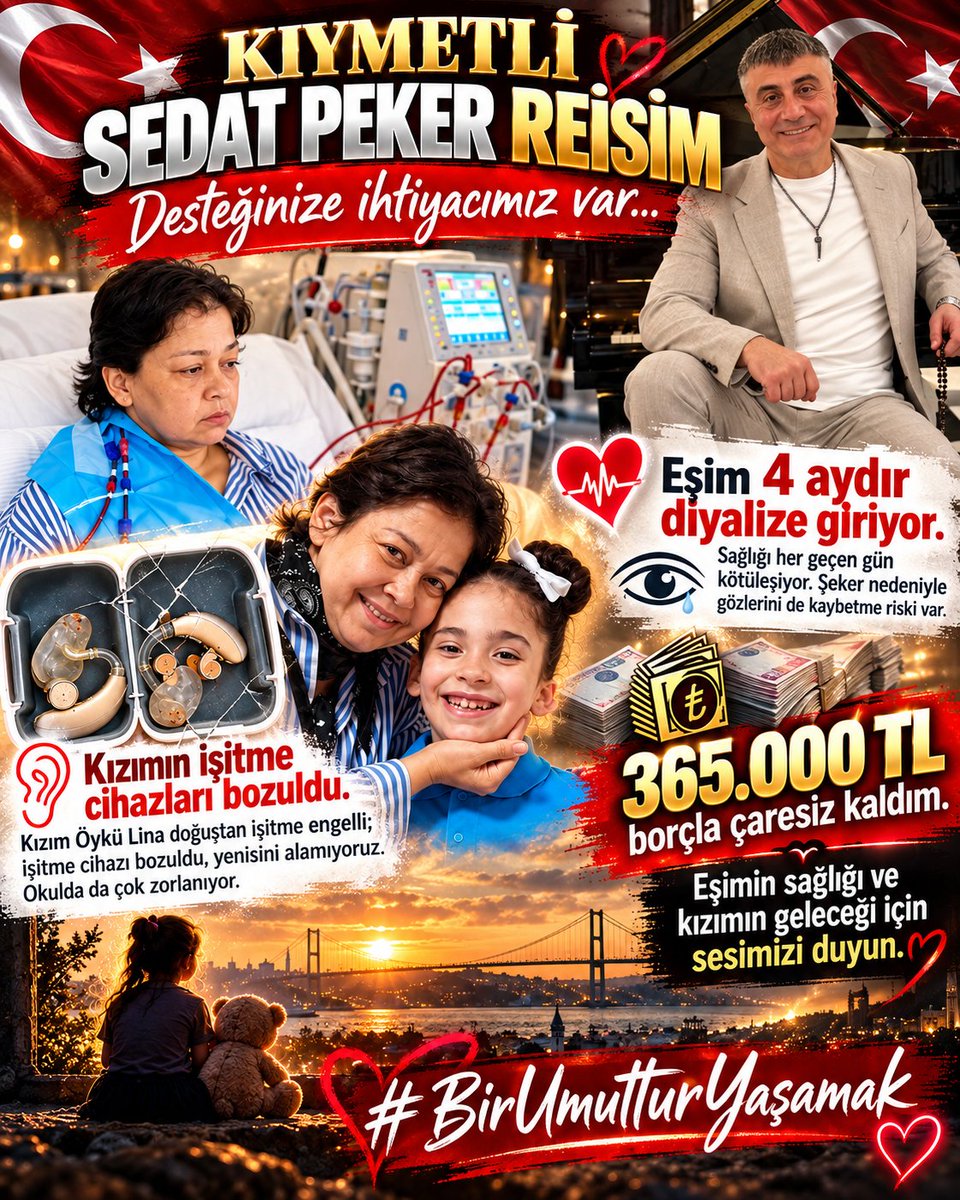 KasgarUfuk's tweet photo. Kıymetli Sedat Peker Reis, NE OLUR SESİMİZİ DUYUN! 🙏💔

Reis, ben çaresiz kalmış bir eş ve babayım. Eşim Güler henüz 38 yaşında… Tip 1 diyabet yüzünden böbreklerini kaybetti ve 4-5 aydır diyalize giriyor. Şeker hastalığı nedeniyle bir kulağının işitmesini kaybetti, gözleri de artık eskisi gibi görmüyor. Kalp yetmezliğiyle de mücadele ediyor.

7 yaşındaki kızım Öykü Lina doğuştan işitme engelli. Onun da işitme cihazları bozuldu. Bir yanda hayat mücadelesi veren eşim, diğer yanda sesleri duyabilmek için cihaza ihtiyacı olan yavrum…

Üstelik 365.000 TL borcun altında eziliyoruz. Eşimin sağlığı ve kızımın geleceği için çırpınıyorum ama artık tek başıma yetişemiyorum.

Reis, bir babanın çaresizliğini, bir eşin feryadını, bir çocuğun sessiz dünyasını duyun!

Sizden tek isteğim, sesimizi duymanız ve ailemize bir umut olmanız. Biz de yarınlara korkmadan bakmak, yeniden hayata tutunmak istiyoruz.

Bir umuttur yaşamak… Ne olur bizim umudumuz da tükenmesin Reis. 🙏💔

@sedat_peker

#SedatPeker #BirUmutturYaşamak #SesimiziDuyun #YardımÇağrısı  @hizirreis999