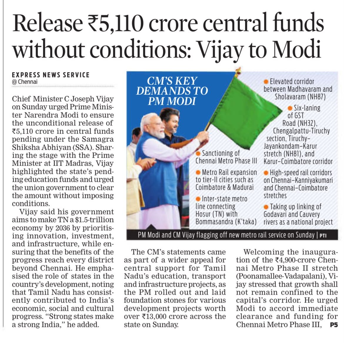mithunraman's tweet photo. 'Vijay Wants Priority for several highway Projects'

'Vijay urges Modi to sanction Metro rail from Hosur to Bommasandra'

'Vijay seels early approval of Chennai Metro Phase 3'

'Vijay to Modi: Release 5110 crore Central funds without conditions'

Diplomatic yet Direct on face🔥 https://t.co/h01vb1J0bA