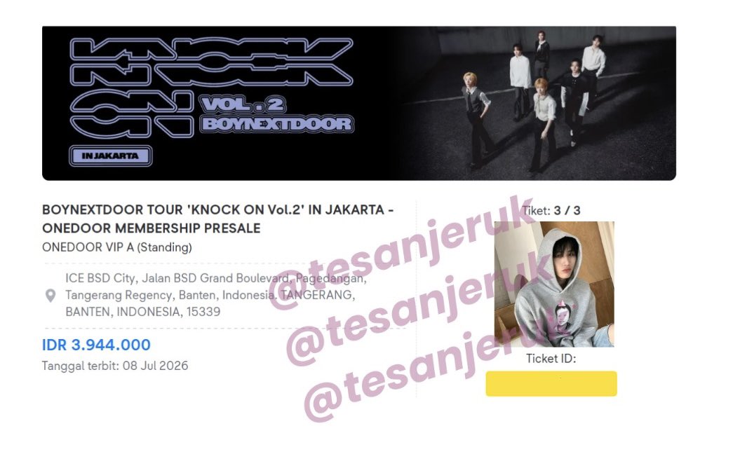 tesanjeruk's tweet photo. WTS / want to sell knock on vol 2 boynextdoor in jakarta

VIP A presale membership 
qn 2xx
price 4.100 k

tix pribadi yaah dijual krn kk ku gabisa nonton 😔 

prefer fullpay ya! https://t.co/A0a4VShuz6