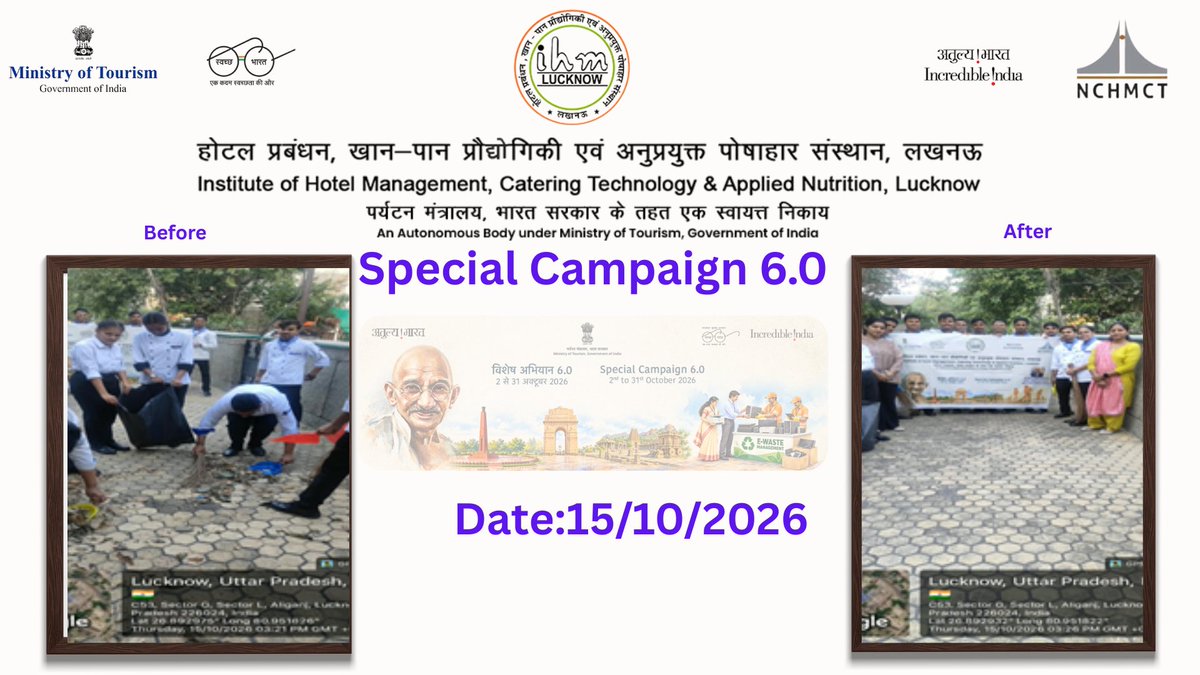 IhmLucknow's tweet photo. Special Campaign 6.0 | IHM Lucknow

Institute of Hotel Management, Lucknow, actively participated in Special Campaign 6.0, reaffirming its commitment to cleanliness, hygiene, effective waste management, and maintaining a clean and organised campus.

#SpecialCampaign6 #IHMlucknow https://t.co/S6M12nvN5g