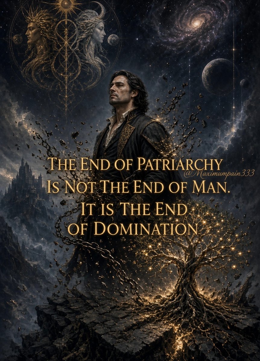 maximumpain333's tweet photo. THE END OF PATRIARCHY IS NOT THE END OF MAN. IT IS THE END OF DOMINATION.

The awakening of the feminine is not a war against the masculine. It is the restoration of a balance that humanity has forgotten how to honor.

For centuries, power has been confused with control, leadership with authority over others, and masculinity with the suppression of everything considered soft, vulnerable, or receptive.

But true masculine power was never meant to require the diminishment of the feminine.

A man does not become less of a man when a woman stands in her sovereignty. He does not lose his strength when he learns tenderness, nor does he lose his authority when he no longer needs to dominate.

The sacred masculine does not need a submissive feminine to feel powerful.

And the sacred feminine does not need to destroy the masculine to reclaim her power.

These energies are not enemies. They are complementary forces of creation, present within life itself. One does not need to conquer the other for harmony to exist.

The deeper spiritual revolution is not about reversing the hierarchy, making women superior to men, or replacing one form of domination with another.

It is about remembering that no soul was born to be another soul’s property.

That love is not ownership.
That leadership is not tyranny.
That strength is not intimidation.
That surrender is not submission to oppression.
And that equality does not require the erasure of our differences.

The masculine is sacred when it protects without possessing, leads without controlling, and stands firm without making others kneel.

The feminine is sacred when she no longer has to shrink, silence her intuition, or abandon herself to be considered worthy of love.

When these forces meet in consciousness, something ancient begins to heal.

Not man against woman.
Not feminine against masculine.
But consciousness rising above the unconscious patterns that taught us to fear one another’s power.

Perhaps the fall of patriarchy is not the fall of man at all.

Perhaps it is the invitation for man to become more fully human.

To reclaim his heart without shame.
To embody strength without cruelty.
To love without possession.
To stand beside the feminine without needing to stand above her.

Because the future does not require the masculine to disappear.

It requires domination to disappear from the way we love, lead, govern, and relate to one another.

The sacred union begins when neither force needs to conquer the other to feel whole.

And that is not the destruction of masculinity.

It is its liberation.