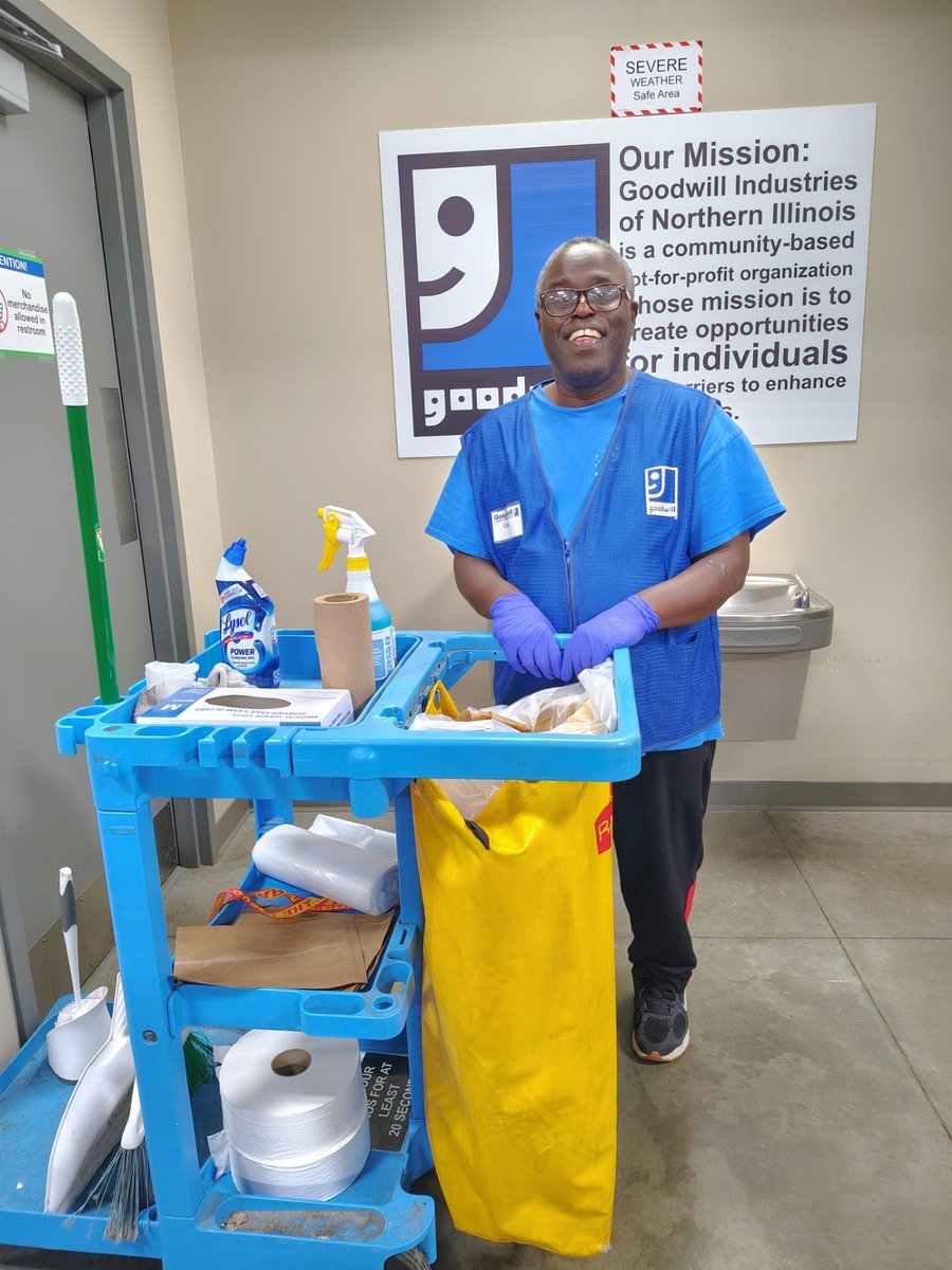 GoodwillNIL's tweet photo. October is National Disability Employment Awareness Month, a time to celebrate the talents, contributions, and achievements of individuals with disabilities in the workplace!

Today, we're proud to recognize Cory, a participant in Goodwill's Supported Employment Program who has been a valued member of our Ottawa store team for nearly 13 years! From wet mopping floors to helping maintain a clean and welcoming store, Cory's hard work and dedication make a difference every day.
Thank you, Cory, for showing us the power of opportunity, inclusion, and meaningful employment! 💚
#NDEAM #DisabilityEmploymentAwarenessMonth #Goodwill