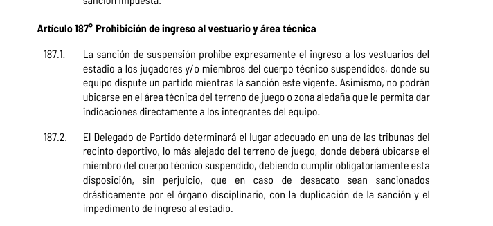 elgatogrone's tweet photo. Ayer, durante el Universitario vs. Alianza Atlético, Gustavo Peralta comentó que Fabián Bustos, técnico suspendido, daba indicaciones desde la tribuna mientras otro miembro del comando técnico dirigía desde el banco. (Video)

ARTÍCULO 187.1 DEL REGLAMENTO DE LA LIGA 1 (Imagen):

Prohibido que un integrante del cuerpo técnico suspendido dé indicaciones directamente a los integrantes del equipo desde una ubicación que se lo permita.

Entonces, la pregunta es sencilla: ¿Bustos estaba mirando el partido o dirigiendo desde las tribunas?

Si impartió instrucciones, ¿se vulneró el reglamento? ¿La Comisión Disciplinaria revisará las imágenes y actuará de oficio?

Porque si la norma es clara, su aplicación también debería serlo.
@Liga1TeApuesto