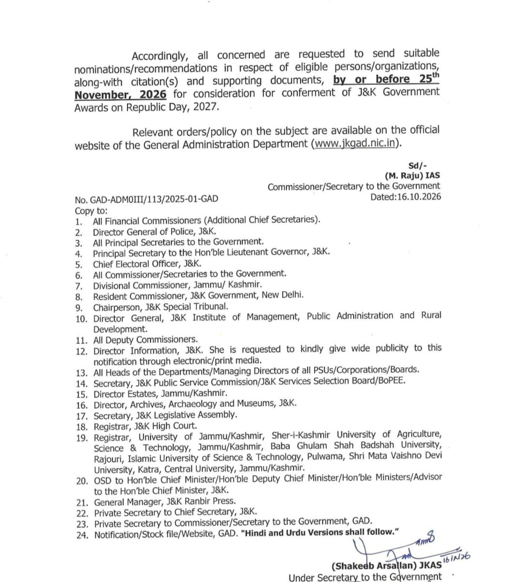 KNSKashmir's tweet photo. #KNSUPDATE || Grant of J&amp;K Government Awards for the year 2027,on the eve of #RepublicDay - invitation of nominations thereof. https://t.co/9GwSXT2Iut