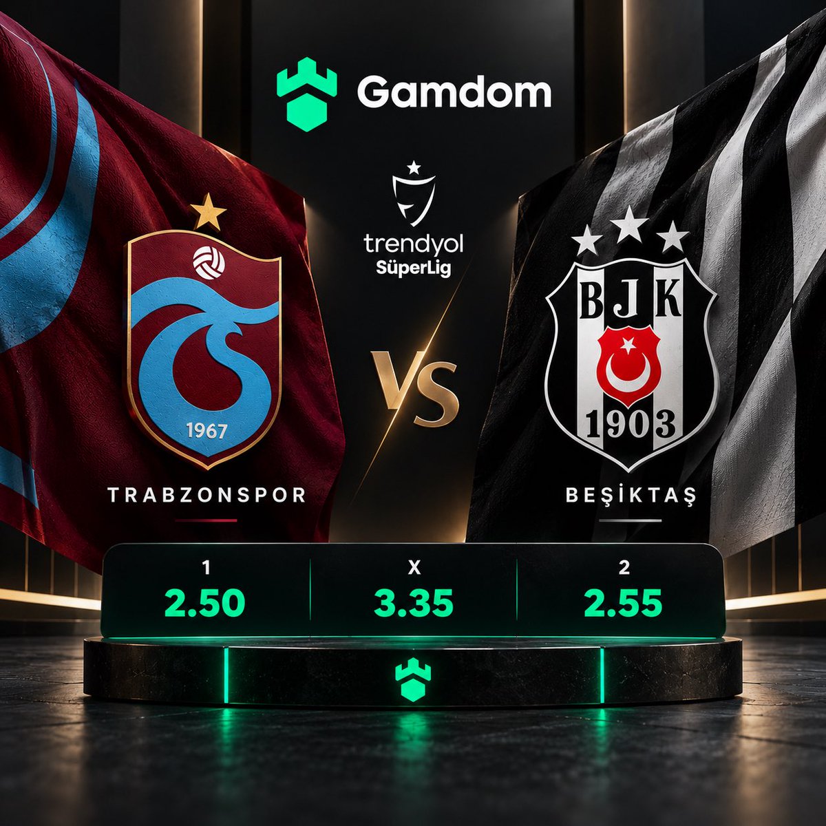 gamdom_media's tweet photo. 🏁 HAFTANIN KAPANIŞ MAÇI! ⚽🔥

🔴🔵 Trabzonspor 🆚 Beşiktaş ⚫⚪

📊 Haftanın son maçını Gamdom’un iddialı oranlarıyla değerlendir!

🔴🔵 Trabzonspor: 2.50
🤝 Beraberlik: 3.35
⚫⚪ Beşiktaş: 2.55

⚡ Sence haftayı hangi takım galibiyetle kapatacak?

🟢 Gamdom Giriş: https://t.co/8dwnq13O88
💬 Topluluk: https://t.co/yYe0JXUV3E