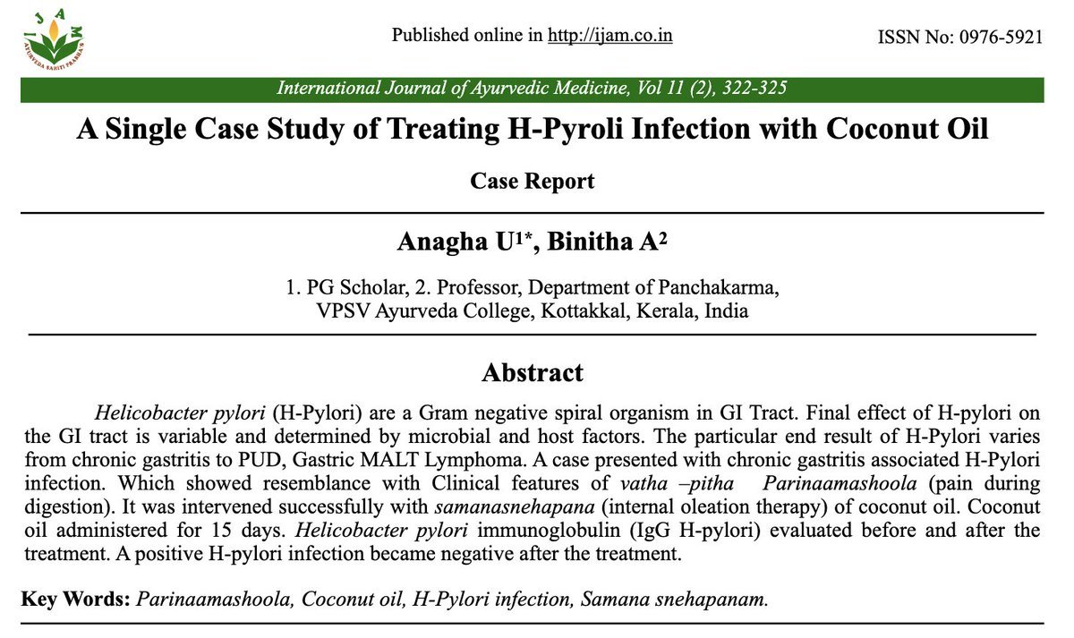 Outdoctrination's tweet photo. Coconut oil is antimicrobial against H Pylori.

This man was given 1-2 tbsp for 15 days and saw a complete recovery.

Negative IgG, no more symptoms.

Coconut oil has anti-ulcer activity due to its anti-inflammatory properties.

If you’re dealing with stubborn gut issues and want help, comment PRISM below and I’ll DM you how we can help.