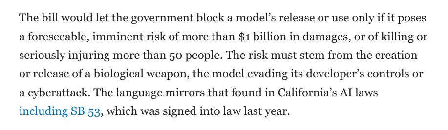 jeffjarvis's tweet photo. The AI boys' doom shit is an exercise in 1) valuation and 2) regulatory capture: writing your own laws. This is appalling: setting thresholds for dollar loss (first) and human casualty. It fits with the sick faux philosophies of #TESCREAL: glibly diminishing present concerns. 
Anthropic quietly pitches its own AI safety bill to lawmakers
https://t.co/RuAKo3yhms