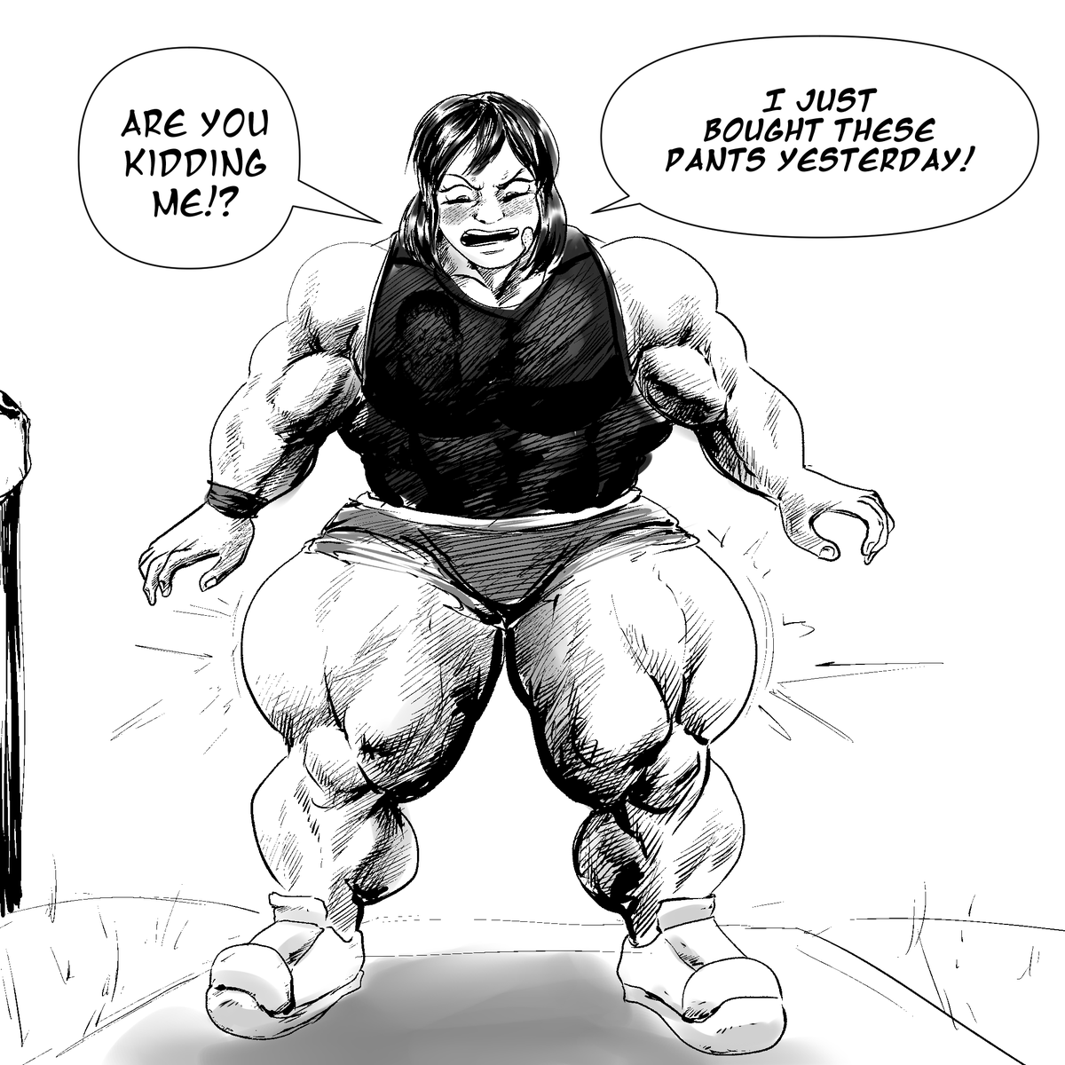 JimboLettuceman's tweet photo. All it took was two steps, and she ruined her over $200 special fiber pants are gone. Just can't find strong clothes for strong shorties!

Mariko for @harorlood 

#fanart #mariko #strong #muscular_female #muscular_thighs https://t.co/6nKSKF2iMj