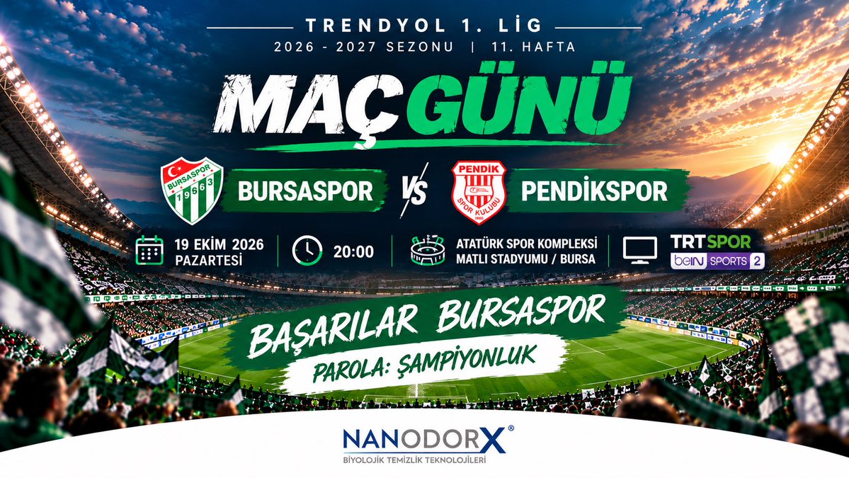 nanodorx's tweet photo. 🐊 MAÇ GÜNÜ! 💚🤍
⚽ Bursaspor 🆚 Pendikspor
🏆 Trendyol 1. Lig | 11. Hafta
📅 19 Ekim 2026 | 20.00
🏟️ Atatürk Spor Kompleksi Matlı Stadyumu
📺 TRT Spor / beIN SPORTS 2
Haydi Timsah! 🐊
🏆 PAROLA: ŞAMPİYONLUK!
#Bursaspor #BSvPS #NANODORX https://t.co/x2ovqtobnc