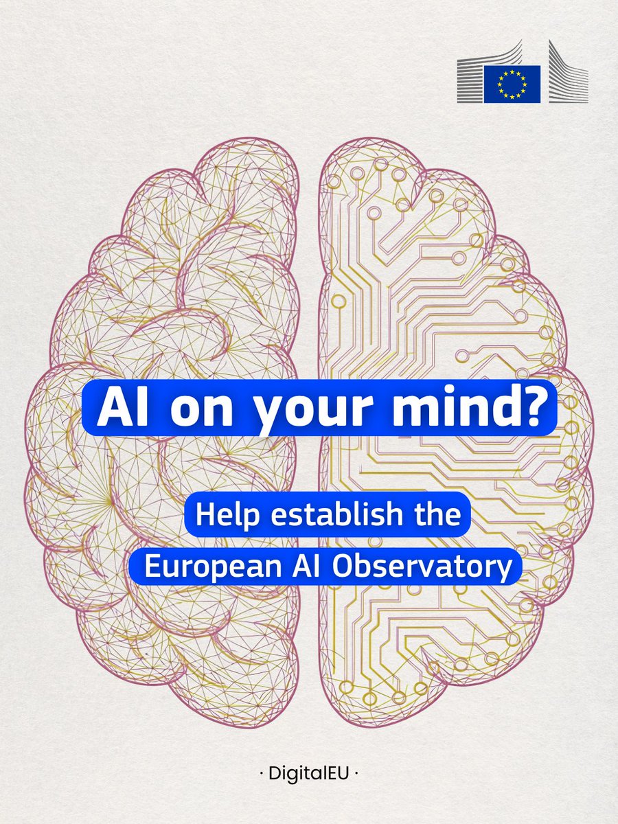 DigitalEU's tweet photo. 📢Call for tenders: Help establish the European AI Observatory!

This new initiative will:
🔷Asses AI impact across EU sectors
🔷Monitor AI development and its economic and societal impact 
🔷Analyse key challenges

Submit your tender by 3 November
🔗https://t.co/6lxz5Kfwm1 https://t.co/l90mkD9LyS