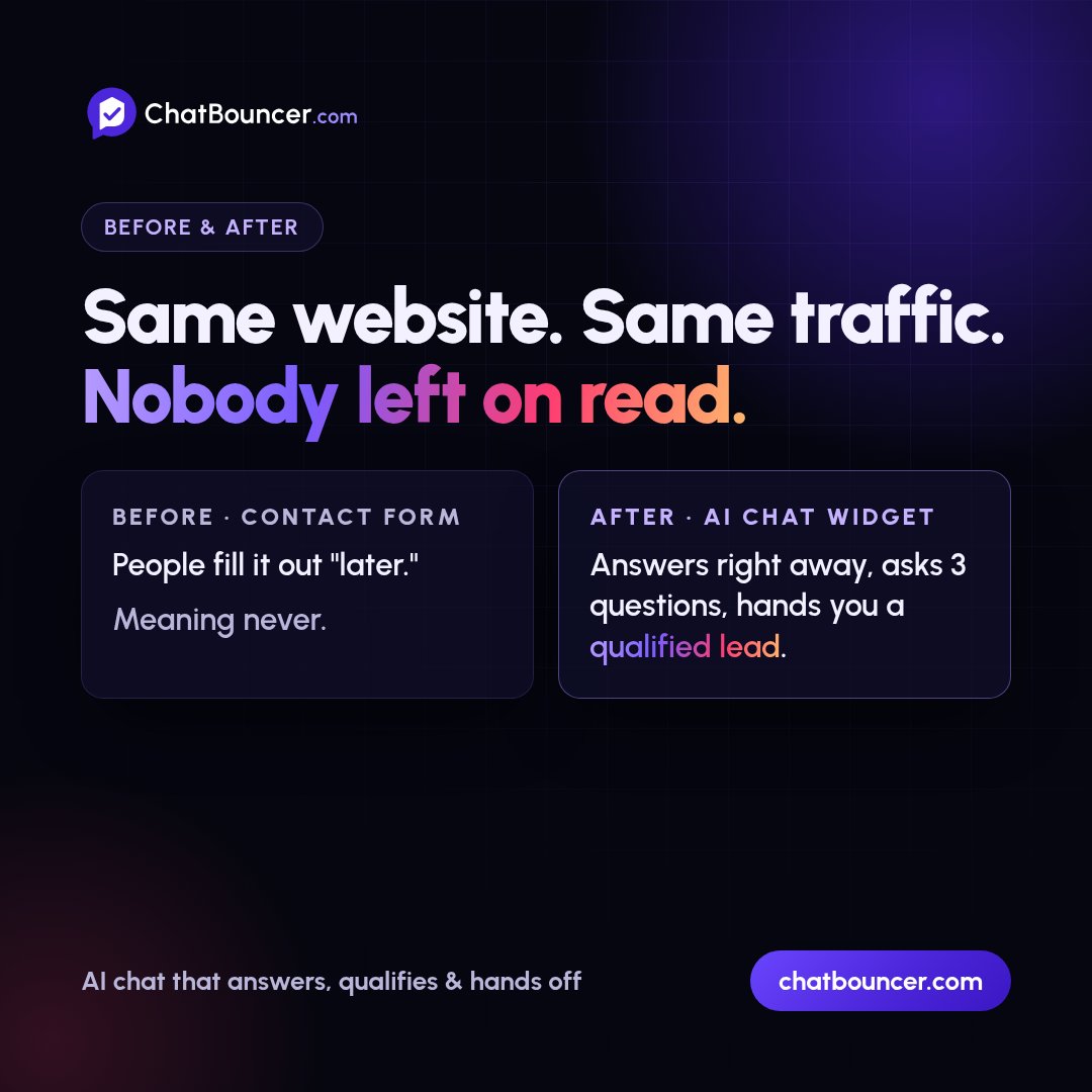 ZynVossLLC's tweet photo. Before: a contact form people fill out "later." Meaning never.
After: an AI chat widget that answers right away, asks 3 questions and hands you a qualified lead.

Same website. Same traffic. Nobody left on read.
https://t.co/3oE3HDVahB https://t.co/u2HCBqfUcK