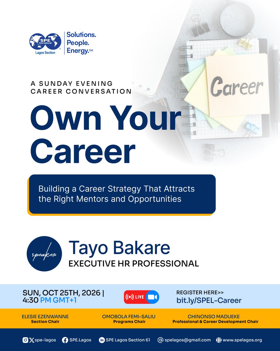 spe_lagos's tweet photo. Your career growth starts with the choices you make today. 🚀

Join SPE Lagos Section this Sunday for a career conversation with Tayo Bakare, Executive HR Professional, on how to take ownership of your career, build the right connections, https://t.co/9ybzf7iQnG