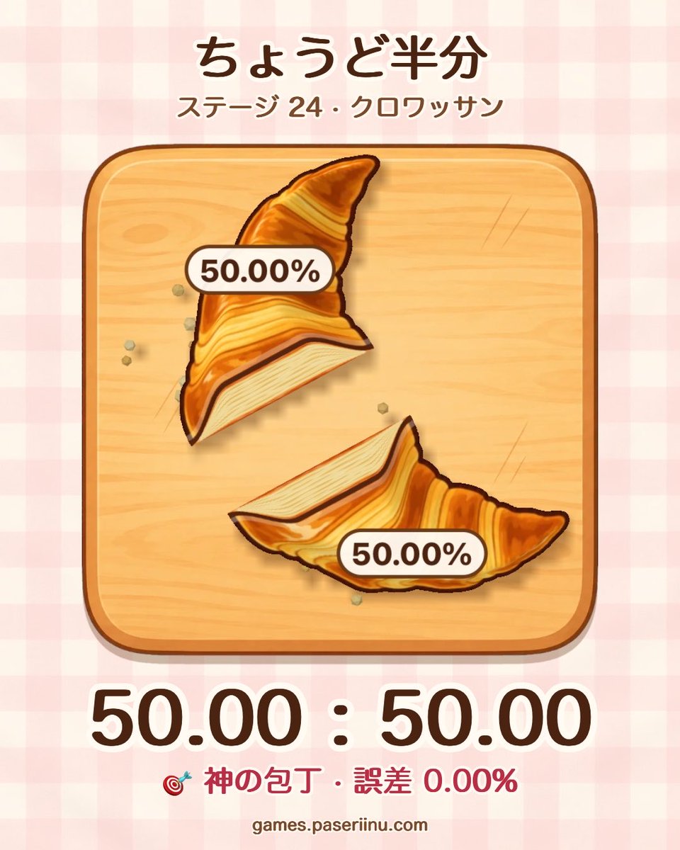 enpituburasuto's tweet photo. ちょうど半分 ステージ 24 🥐
🎯 神の手です。寸分の狂いもありません
50.00 : 50.00
誤差 0.00% ★★★
あなたはぴったり半分に切れる？
#ちょうど半分 #ぱせりいぬゲームズ
https://t.co/mbUyVPKCJ9 https://t.co/vvYh0GVbwQ