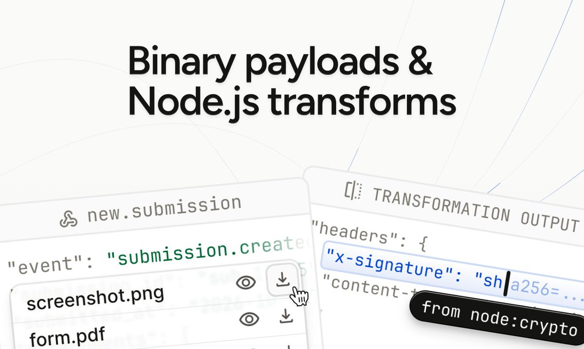 Hookdeck's tweet photo. Not every webhook is JSON.

Hookdeck Event Gateway now delivers audio, images, PDFs, archives, protobuf and multipart uploads byte for byte.

Transformations run Node.js too, so you can gunzip a batch, parse a PDF, or turn a JSON event into a PNG.

@leggetter shows us how 🧵 https://t.co/gQOhKyWEDa