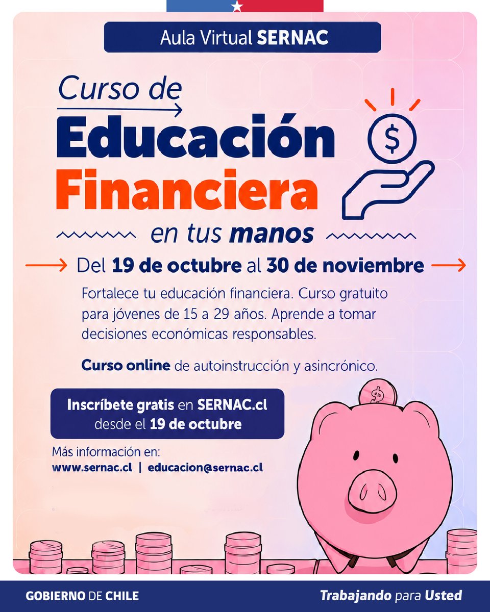 SERNAC's tweet photo. 🧑‍🏫Cada octubre conmemoramos el Mes de la Educación Financiera, el que busca promover conocimientos y habilidades para que las personas tomen decisiones financieras más informadas.

¡En relación a esto, tenemos dos cursos para ti! Conócelos e inscríbete en👉https://t.co/idfyWTd79o https://t.co/l1S9YQltpq
