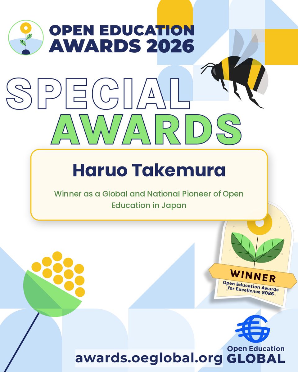 OpenEdGlobal's tweet photo. 🎉 Congratulations to Haruo Takemura — 2026 Special Recognition winner! 

https://t.co/7fMlvTz4Yu

#OEAwards26 #OEAwards26Winners #OpenEducation https://t.co/AHnbMQvIrp