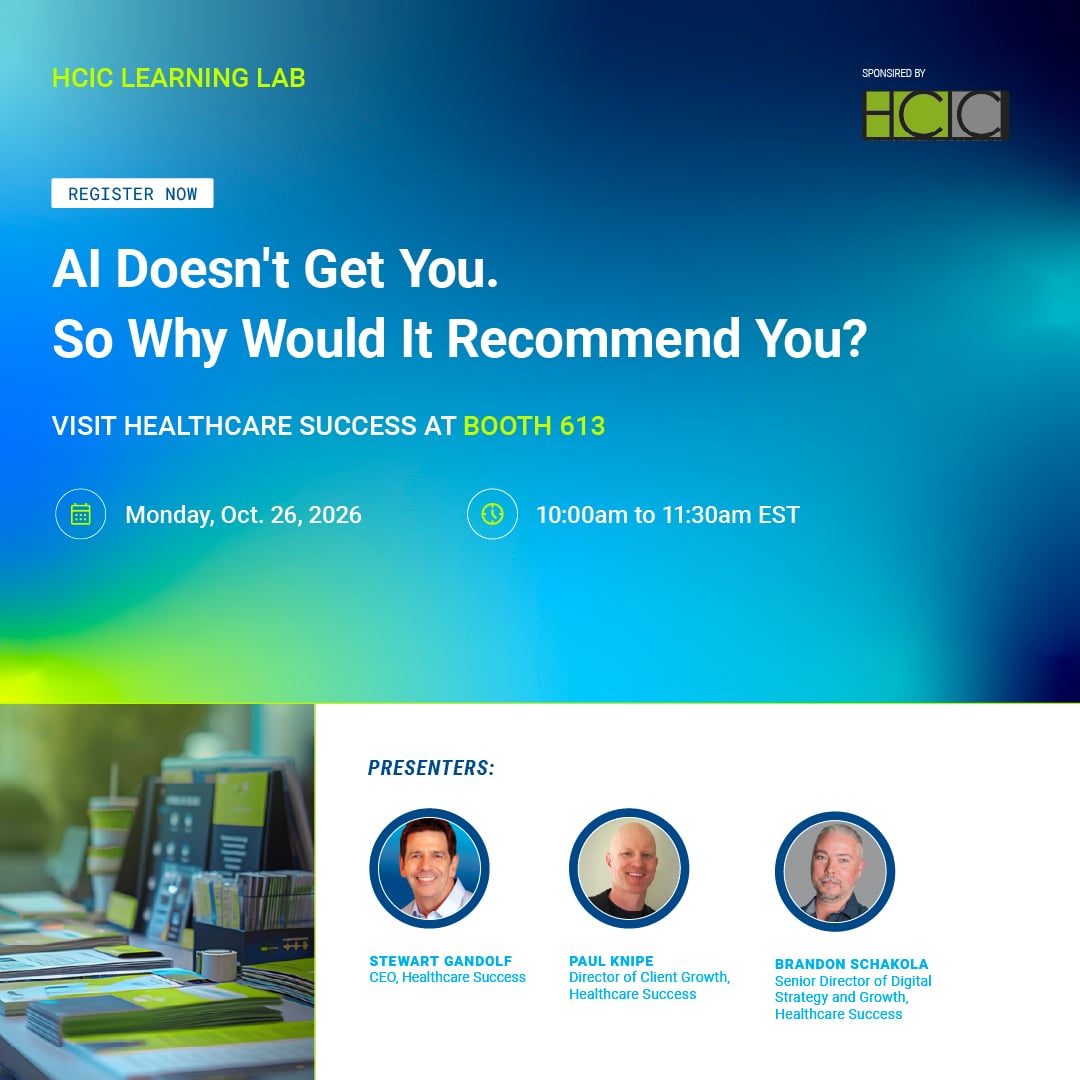 HCSuccess's tweet photo. We’re heading to #HCIC2026!

Join our Learning Lab: AI Doesn't Get You. So Why Would It Recommend You?

And come see the Healthcare Success team at Booth 613.

#HealthcareAI https://t.co/83tqcVH9xX