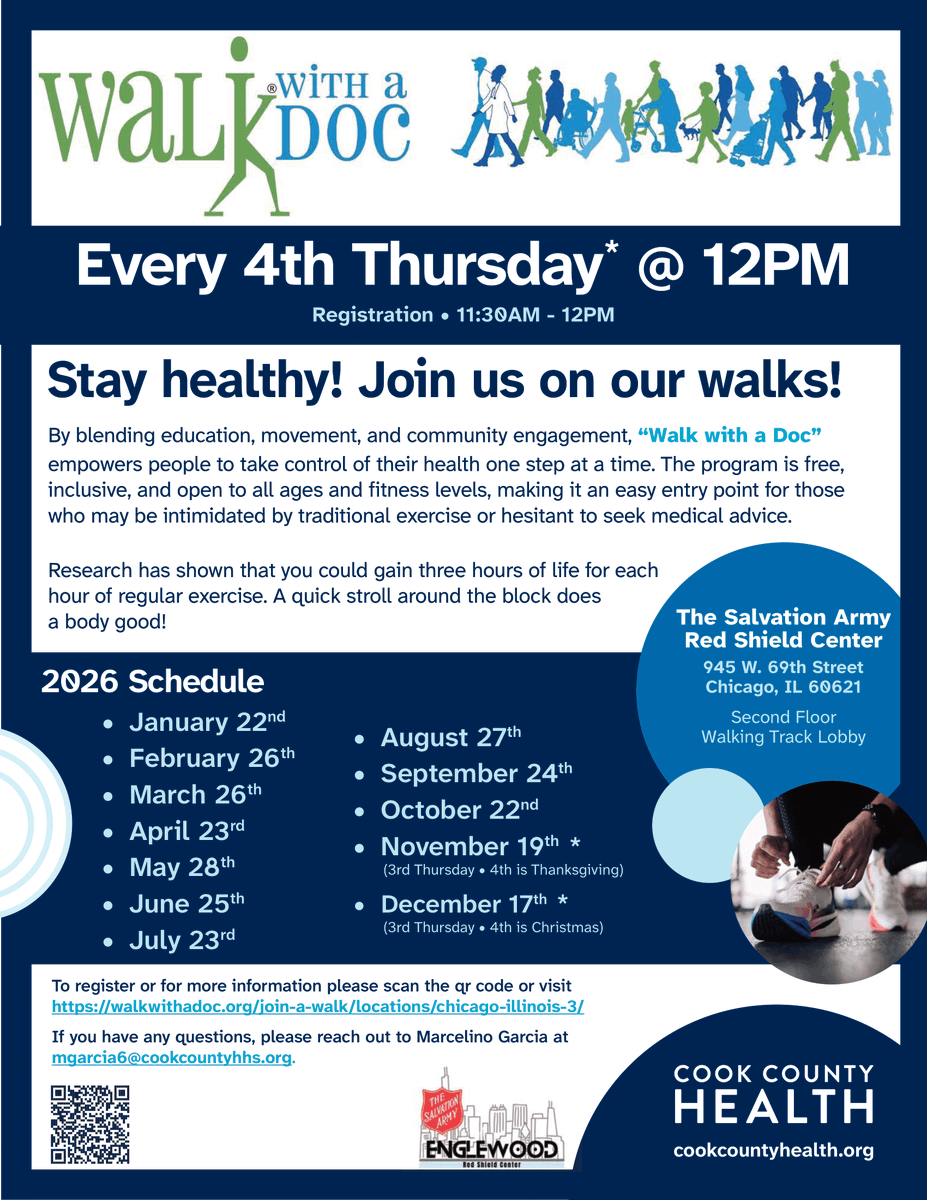 CookCtyHealth's tweet photo. Join us for our next Walk with a Doc event on October 22 at noon. Walk with a Doc will help you take a STEP toward better health by providing:
👟 Physical Activity
🩺 Health Education
💙 Social Connection
Learn more at https://t.co/6lbqXzmMgI https://t.co/HSwPTgpcfY