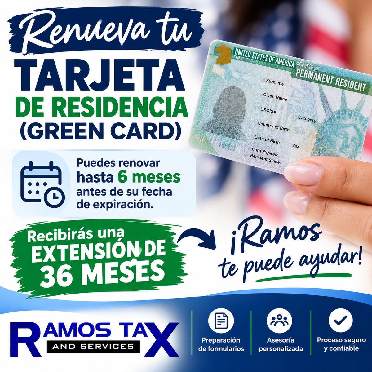 ramos_tax's tweet photo. 🟢🇺🇸 ¡RENUEVA TU GREEN CARD A TIEMPO! 🇺🇸🟢 ¿Tu tarjeta vence pronto? ¡Solicita tu renovación con Ramos Tax and Services! 📞 630-504-0071 #RamosTaxAndServices #GreenCard #RenovacionDeResidencia #TarjetaDeResidencia #Inmigracion #StreamwoodIL #ElginIL #MadisonWI #ComunidadLatina https://t.co/cxQUXmDCML