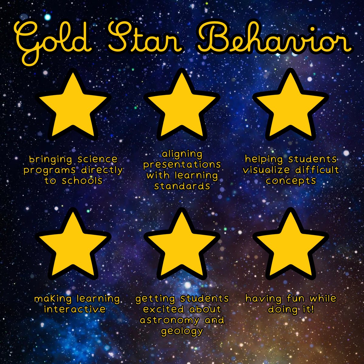 SparkPointInnov's tweet photo. Our opinion on what's ⭐Gold Star Behavior ⭐

#goldstarbehavior #scienceeducation #inschoolfieldtrip #astronomy #geology #sparkpointinnovations https://t.co/p0FEbTG37r