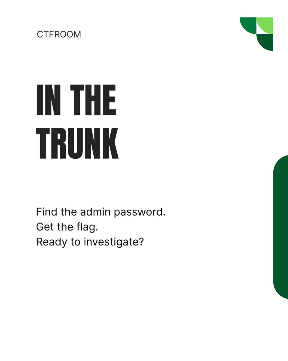 CTF_Room's tweet photo. Something is hidden. Can you find it?

In In the Trunk, your mission is to uncover the admin password and get the flag.

Follow the clues. Solve the challenge. Capture the flag.

Try it on CTFROOM.

#CTFROOM #Cybersecurity #CTF #CaptureTheFlag https://t.co/ZEdM37DnqT