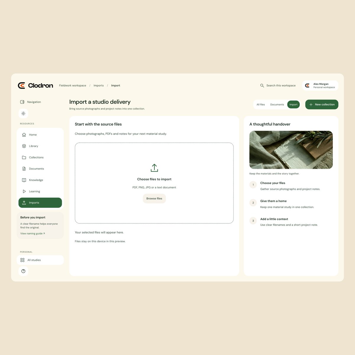 ClodronStudio's tweet photo. A calmer place for the next studio delivery.

Source files, a material study and a small naming guide in Moss &amp; Honey. A Clodron import workspace concept.

#UXDesign #FileManagement #CreativeWorkflow #WebDesign #ProductDesign https://t.co/3XXlX49v20