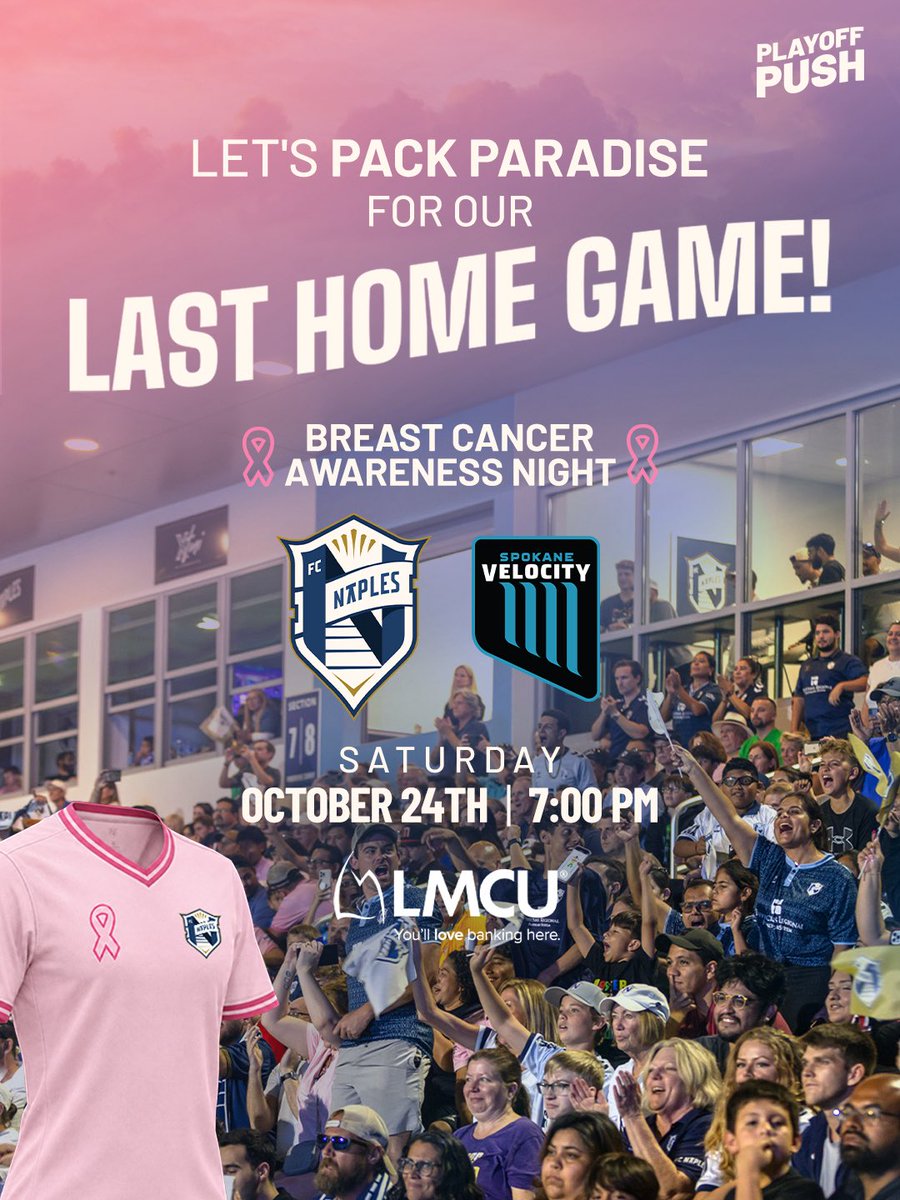 fcnaples_'s tweet photo. LAST HOME GAME. LET’S PACK PARADISE THIS SATURDAY. 🩷

🆚 Spokane Velocity
🗓 Saturday, October 24
⏰ 7:00 PM Kickoff
📍 Paradise Coast Sports Complex
💗 Breast Cancer Awareness Night presented by LMCU
🚨 FC Naples Win = FREE Chick-fil-A Chicken Sandwich at @cfacitygate
🎟️ Get your tickets NOW: https://t.co/yubs8uLbA8