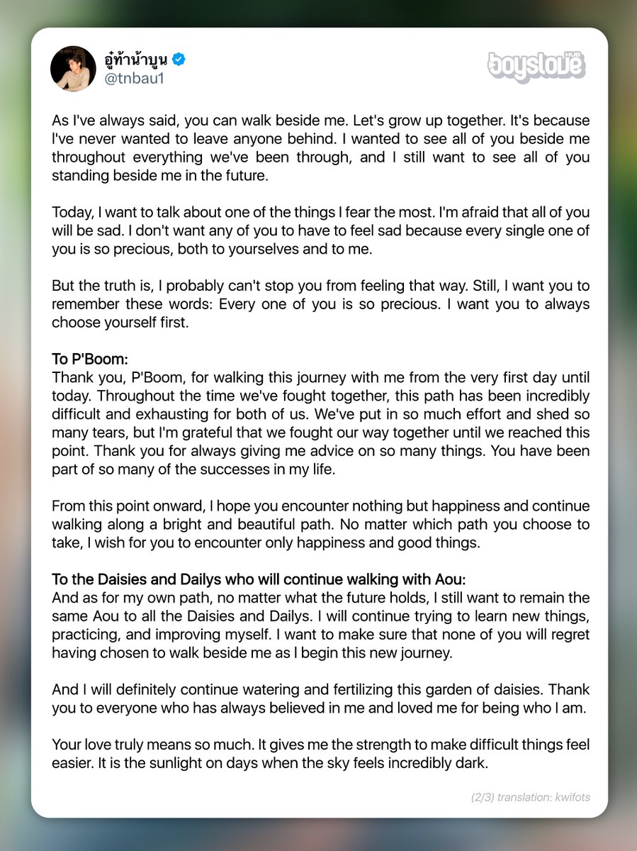 boyslovehub's tweet photo. Aou speaks out for the first time after the end of #AouBoom, apologizing to fans and thanking Boom.

“I’m afraid that all of you will be sad. I can’t stop you from feeling that way. Remember: every one of you is precious. […] To Boom, thank you for walking this journey with me.” https://t.co/5aZXVfRdGv