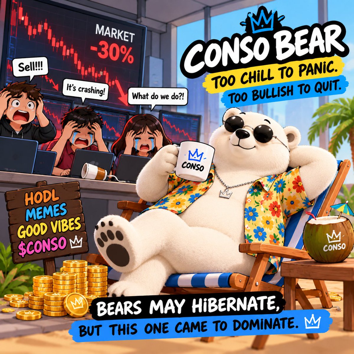 _sanjayavs__'s tweet photo. 🐻 POV: The market is bleeding, but CONSO Bear is still chilling.

Everyone else: Panic selling 😭
CONSO Bear: Hawaiian shirt on, sunglasses up, portfolio untouched

Bears may hibernate, but this one came to dominate. 👑🐻

@conso_xyz — Too chill to panic. Too bullish to quit. 💙 https://t.co/POZYPqBTwJ