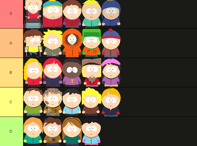 SwagPogGamer's tweet photo. south park tier list based on how funny they are in classroom scenes https://t.co/x48MWaZToM
