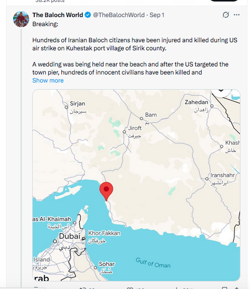 Kavehkhan's tweet photo. در ۲ سپتامبر، برخی از حساب‌های کاربری  X مشکوک (نفوذگران سایبری رژیم ظاهراً شاهدوست و میهن‌پرست)، از حمله خشونت‌آمیز سپاه پاسداران به یک روستا�� #بلوچستان خبر دادند. در جریان این حمله، ظاهراً خانه‌ها بدون هیچ دلیل مشخصی به رگبار مسلسل بسته شدند.(اولین ویدیو)

(این حساب‌های کاربری مشکوک که بسیار میهن‌پرست و شاهدوست، همگی در پایان سپتامبر با ذکر «دلایل شخصی» ارسال مطلب را متوقف کردند.)

حدود ۱۲ سپتامبر، همین حساب‌ها شروع به ذکر درگیری‌های مسلحانه در منطقه کردند (بدون ارائه هیچ تصویری برای تأیید این ادعاها، و هیچ تصویری تا به امروز منتشر نشده است).

این حساب‌ها سپس @TheBalochWorld را به عنوان کانال ارتباطی برای شورشیانی که خود را «جبهه مبارزان مردمی» می‌نامند، خود را پیرو راه جندالله و جیش العدل می‌دانند معرفی کردند. به شما یادآوری می‌کنم که که #جندالله و #جیش_العدل به طور گسترده ابزار فشار آمریکا بر رژیم ملاه�� محسوب می‌شدند.

اما در این مورد نمیشد نتیجه بگیریم که دخالت آمریکایی‌ها وجود داشته و من به این نتیجه رسیدم که این نمایشی از سوی #پاسداران است و اکنون شواهد بیشتری در این مورد دارم.

کانال ارتباطی «جبهه مبارزان مردمی» یعنی  TheBalochWorld  پیش از این با انتشار ادعاهایی مبنی بر اینکه آمریکایی‌ها مسئول مرگ کودکان #میناب به عنوان سپر انسانی رژیم استفاده شده‌ بودند و همچنین مسئول مرگ غیرنظامیانی که در #سیریک به دنبال اشتباه سپاه پاسداران کشته شده‌ بودند، همبستگی خود را با 1رژیم ابراز کرده بود.

علاوه بر این، هرگز هیچ عکس یا ویدیویی از «#جبهه_مبارزان_مردمی»  در حال نبرد، در حال حرکت یا در نزدیکی اجساد سپاه پاسدارانی که ادعا می‌کند آنها را کشته است، وجود ندارد. 

در یک ویدیوبسیار کوتاه، حدود سی نفر در حال شنای  سوئدی (با لباس‌های کاملاً تمیز) دیده می‌شوند و در یک  ویدیوی طولانی با کیفیت فوق‌العاده بالا (که آپلود آن با سرعت اینترنت جمعیت ایران، حتی با استارلینگ هم غیرممکن است)  افرادی با یونیفرم‌های بسیار تمیزدر حال شلیک با اسلحه به عنوان بخشی از یک تمرین آموزشی دیده می‌شوند(و هیچ عکسی ثابت نمی‌کند که به هدفی اصابت شده است).

بدون وجود ویدیویی از جنگ و حمله (مانند اعدام‌های صحرایی خونین جندالله ۲۰ سال پیش) یک نتیجه گیری اجتناب ناپذیر است: این یک گروه جدایی طلب مسلح جعلی است.b رژیم در حال شبیه‌سازی یک قیام جدایی‌طلبانه  است، زیرا این چشم‌انداز مدت‌هاست که مانع بزرگی برای هرگونه اعتراض ملی بوده است.

برای تأیید این فرضیه که به طور گسترده توسط مخالفان پذیرفته شده است، می‌توان استناد کرد به روابط نزدیک بین رژیم و گروه کردی مارکسیستی و ضد صهیونیستی #پژاک، یا عدم تماس بین این گروه و سایر تشکل‌های مخالف و عدم وجود هیچ تصویری که نشان دهنده حمایت مردمی ��ز آن باشد.

اخیراً، کسی به شباهت بین وضعیت بدنی سخنگوی «جبهه مبارزان مردمی» و وضعیت بدنی سخنگوی قرارگاه خاتم الانبیا سپاه پاسداران انقلاب اسلامی که در همان منطقه واقع شده است، اشاره کرد.

این گروه کوچک ابزاری برای رژیم است تا ایرانیان را متقاعد کند که اعتراضات آنها می‌تواند به نفع جدایی‌طلبان باشد و در نتیجه ایرانیان را به ترک مبارزه سوق دهد اما این یک ترس غیر واقعی است زیرا در اوج #انقلاب_شیروخورشید، هیچ جدایی‌طلب بلوچ، جدایی‌طلب کرد، جدایی‌طلب اهوازی یا جدایی‌طلب آذربایجانی قابل مشاهده‌ای وجود نداشت. 

علاوه بر این، این گروه که نبردها و تلفات آنها هرگز نشان داده نمی‌شود، دائماً بیانیه‌هایی منتشر می‌کند که ادعا می‌کند "جنگجویان افغان از لشکر #فاطمیون را کشته‌". #لشکر_فاطمیون  افغانی(که وجود داشته اما از زمان شکست رژیم در #سوریه دیگر وجود ندارد) خود افسانه‌ای است که توسط رژیم برای ارعاب مخالفان و جلوگیری از تظاهرات آنها.

من شما را به مقاله‌ای که قبلاً در مورد #فاطمیون نوشتم ارجاع می‌دهم که نشان می‌دهد استفاده از نام فاطمیون ابزاری برای ارعاب است:  یک تاکتیک رسانه‌ای  که از زمان حملات آمریکایی-اسرائیلی توسط رژیم استفاده می‌شود.
https://t.co/r9gf4SHURM
