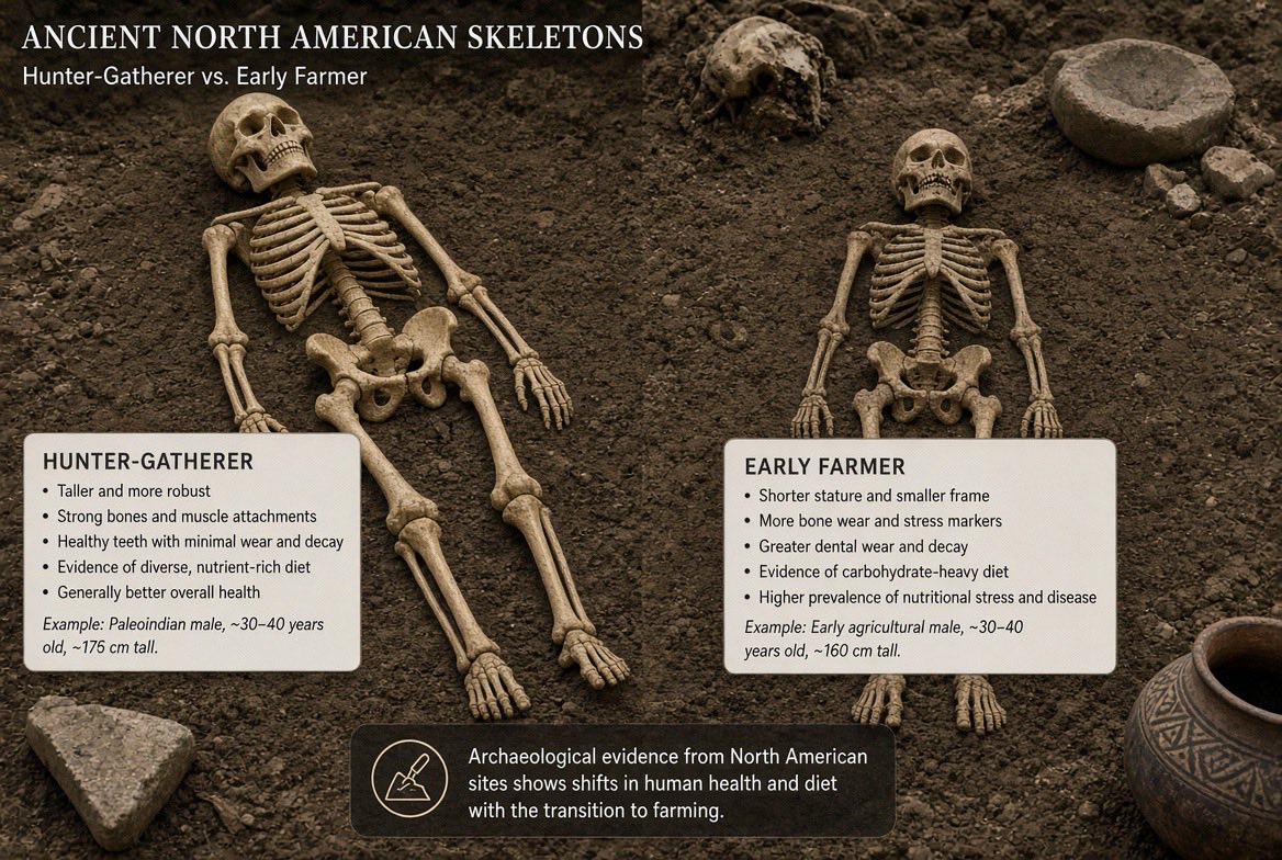 SBakerMD's tweet photo. Bones dug up across North America tell a surprising story about the first farmers. Long before Europeans arrived, people who hunted and gathered wild foods left behind skeletons that were often taller and healthier than those of the early farmers who followed them.
Scientists have compared thousands of ancient skeletons from sites in the eastern United States, the Southwest, and other regions. Hunter-gatherers usually had longer bones, meaning they grew taller. Their teeth showed far fewer cavities. Signs of childhood stress and poor nutrition, such as porous bones in the skull that point to anemia, were also less common. When groups switched to growing corn and other crops, many of those health markers got worse. People became shorter on average. Tooth decay jumped because the new diet was heavy in starchy foods that stuck to teeth. More skeletons showed evidence of infection and nutritional shortfalls.
The change did not happen overnight, and not every group suffered equally. Some communities adapted better than others, and later farming societies sometimes recovered some of the lost height once they added more variety to their meals. Still, the overall pattern from the bones is clear. Relying more on crops and living in denser villages brought new problems that the older hunting-and-gathering way of life had largely avoided. Population numbers rose with farming, but individual health often declined for a time.
These findings come from careful study of real skeletal remains, not just theories. They show that the move to agriculture was a trade-off: more food in good years, but greater risk of disease and weaker bodies for many people.