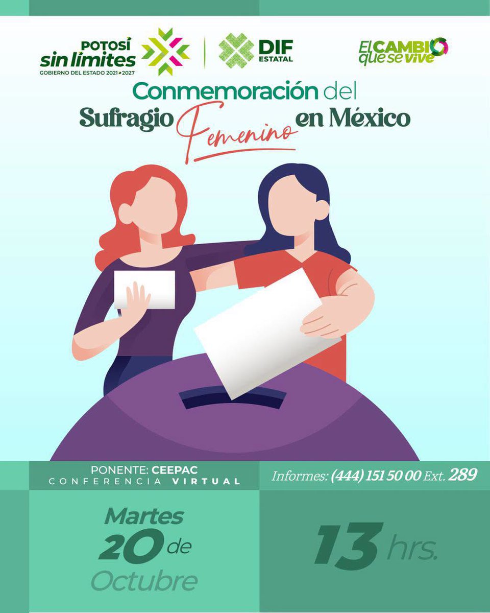 DIFEstatalSLP's tweet photo. Invitamos a la charla “Conmemoración del Sufragio Femenino en México”, a cargo del CEEPAC.
Vía Zoom
https://t.co/6Vr45nTnn8...
ID de reunión: 696 471 5236
Código de acceso: DIF.TI
Enlace al chat:
https://t.co/NH3TzQUTPT

#RicardoGallardoCardona #DIFEstatalSLP #GobiernoQueCumple https://t.co/yEdDVCjHau