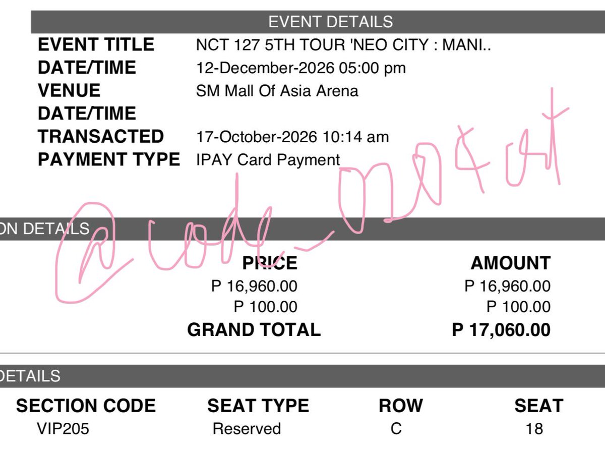 code_0204crt's tweet photo. wtt wtb nct 127 the redline in manila

have: royalty seated 205 row c seat 18
want: royalty standing left 10:0X-10:13
we can negotiate!! :) also buying but no to OP prices

preferably kaliwaan cause I claimed this already
#NCT127inManila2026
#TheRedlineManila https://t.co/547LMnzinE