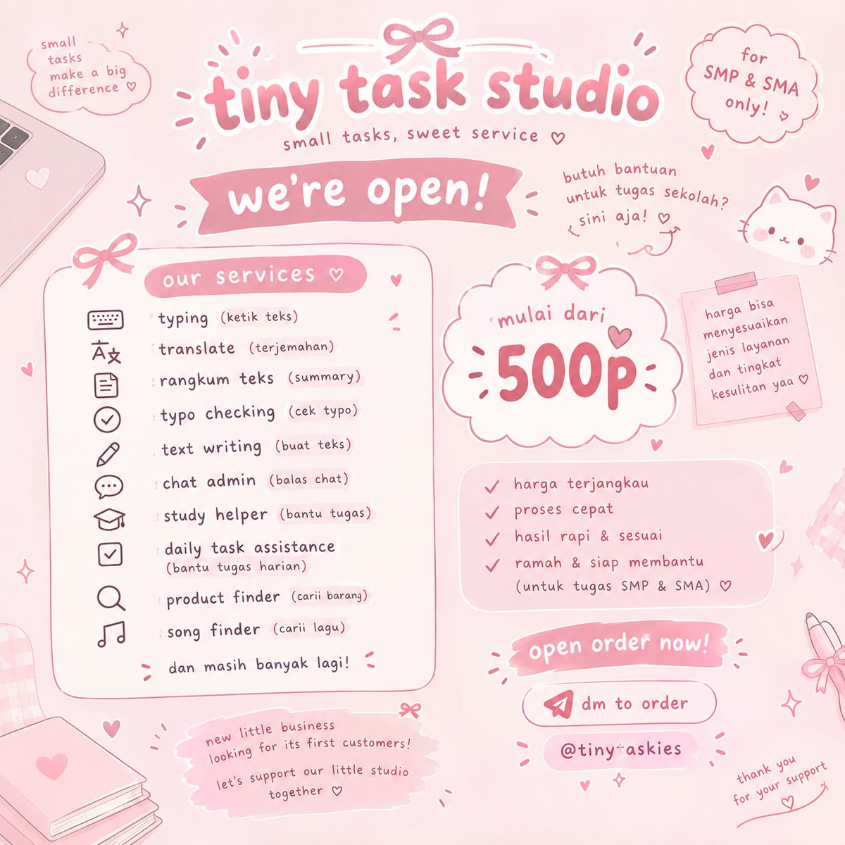 mashihovv's tweet photo. ๐ tiny task studio is OPEN! ๐
mini services mulai 500p + bantuan tugas SMP/SMA โก
order: @tinytaskies
like & repost appreciated เญจเง
#OpenJasa #OpenOrder #zonauang #zonajajan https://t.co/chFQ82wHMo