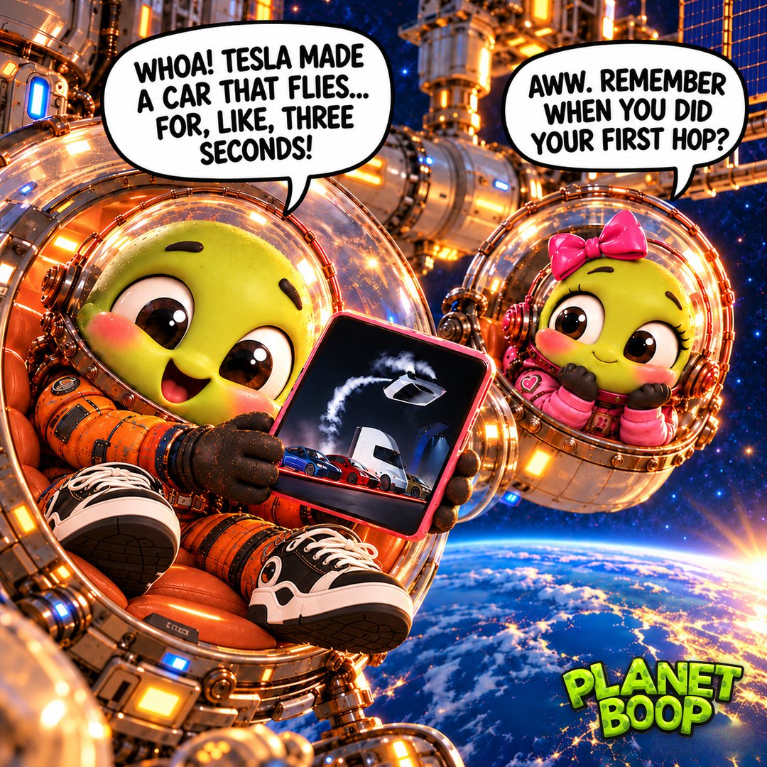 planetboop's tweet photo. Earth got a flying car! 🚗💨 Boop is very proud of it. #PlanetBoop #FlyingCar #TeslaRoadster #SpaceStation #Webcomic #CuteAlien #SpaceComic #SpaceX https://t.co/Wf8iI6QET8